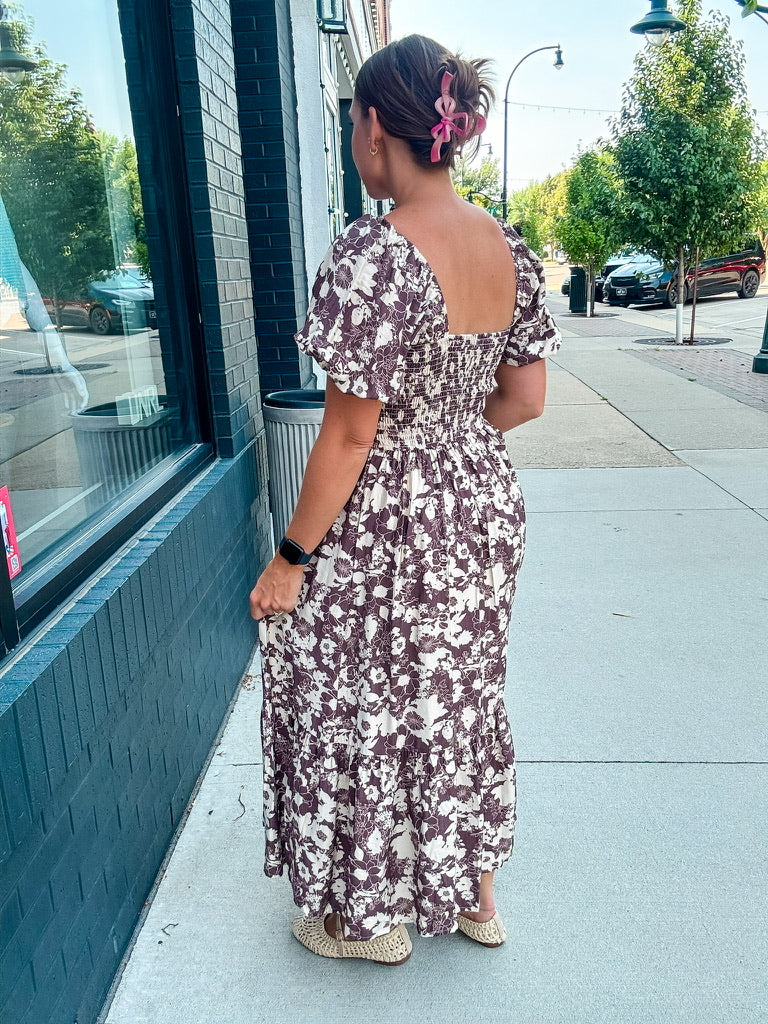 Brown Floral Bubble Midi Dress