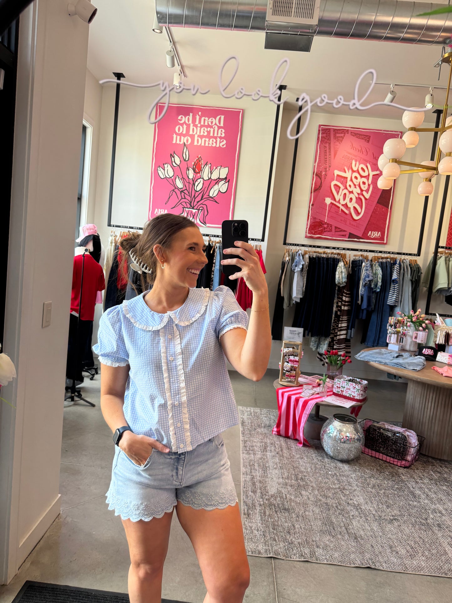 Blue Gingham Lace Blouse
