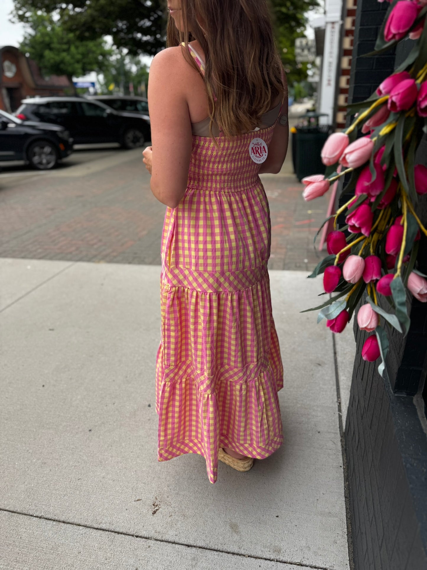 Pink + Yellow Gingham Midi Dress