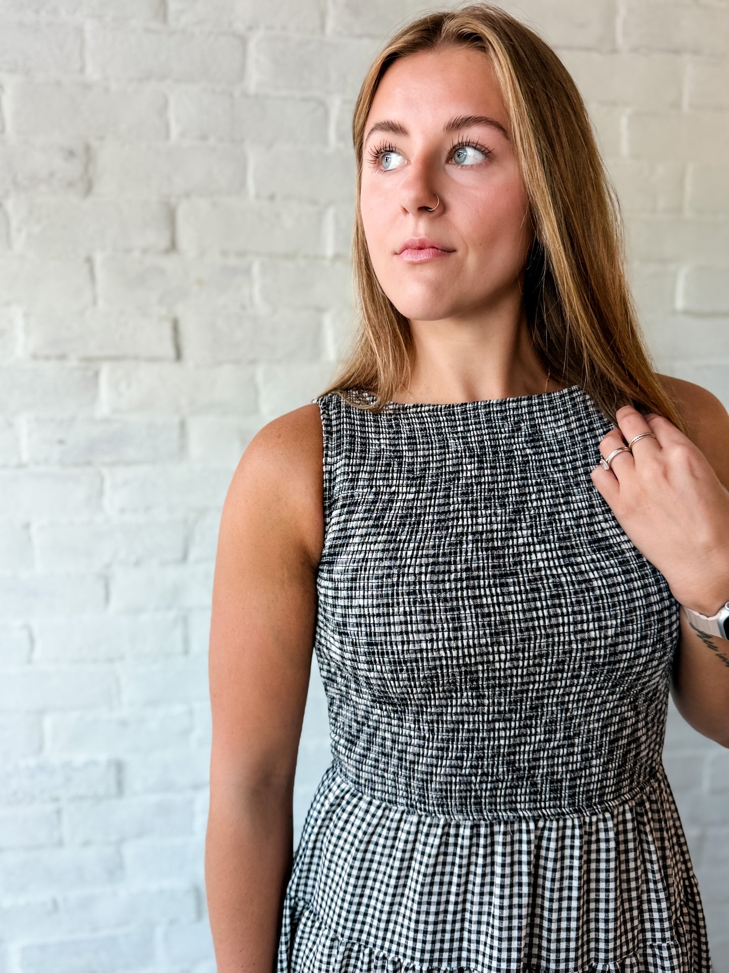 Smocked Tiered Gingham Midi Dress