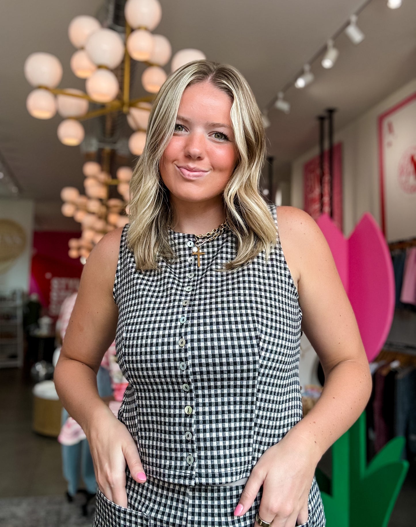 Black Button Gingham Tank