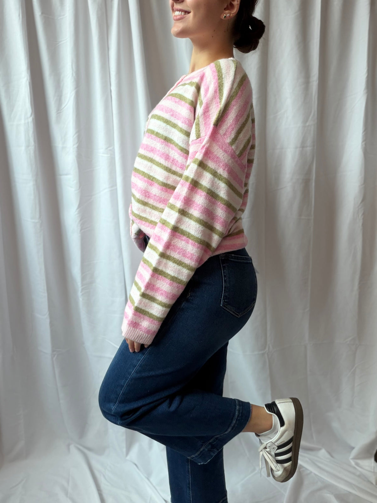 Pink + Green Stripe Button Sweater