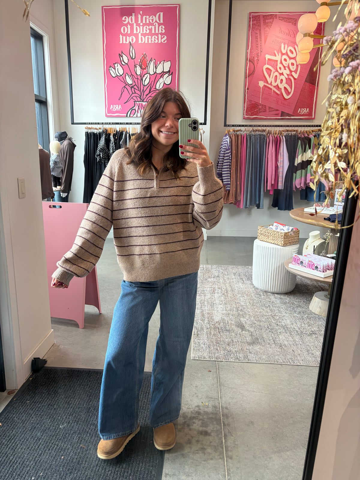 Taupe + Maroon Stripe Quarterzip Sweater