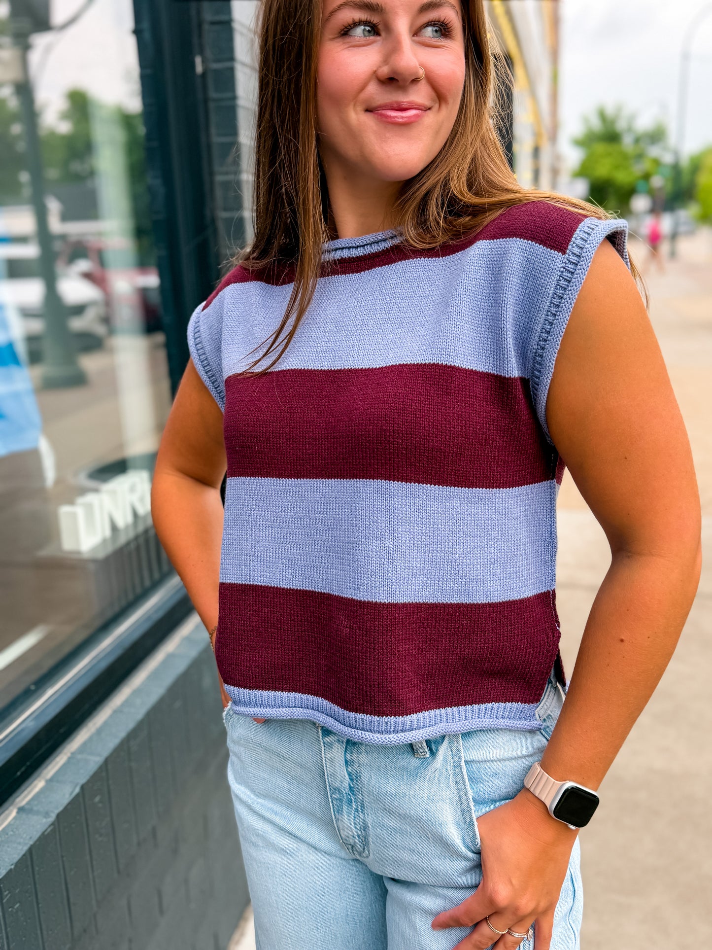 Blue + Brown Block Stripe SS Sweater