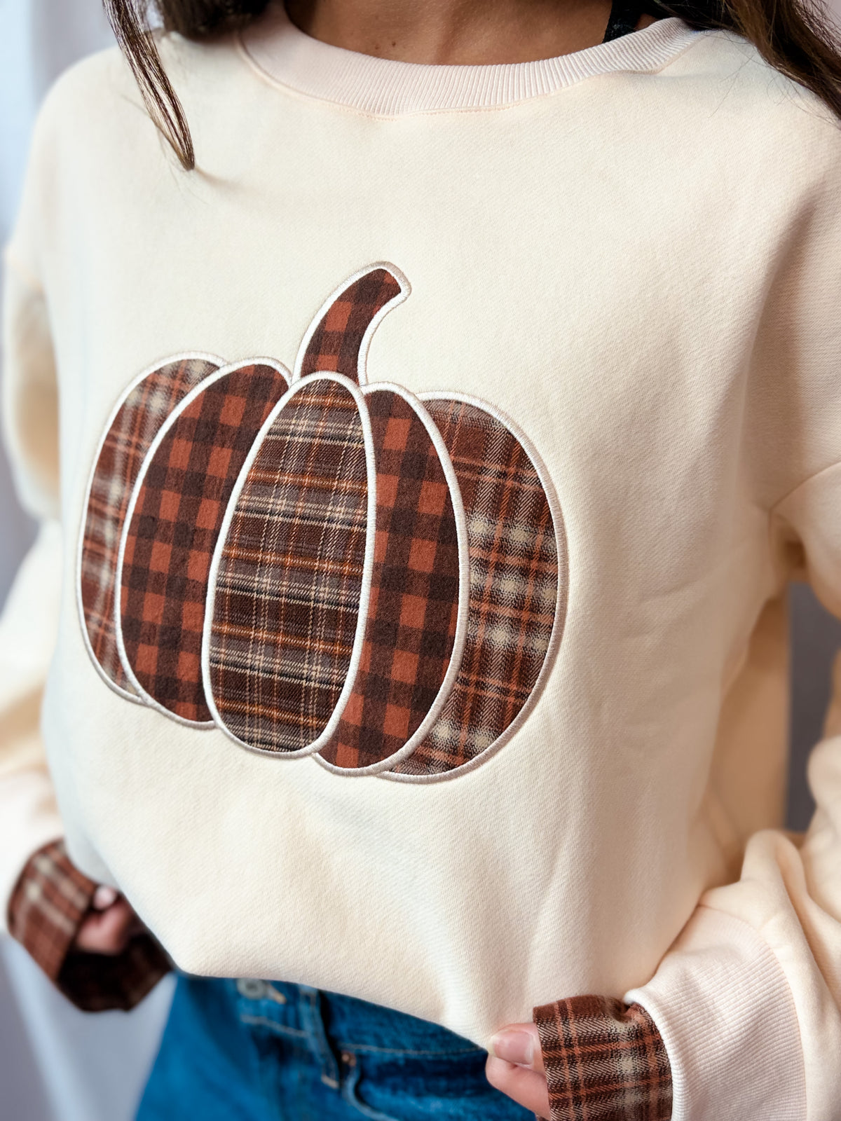 Ecru Pumpkin Patchwork Crewneck