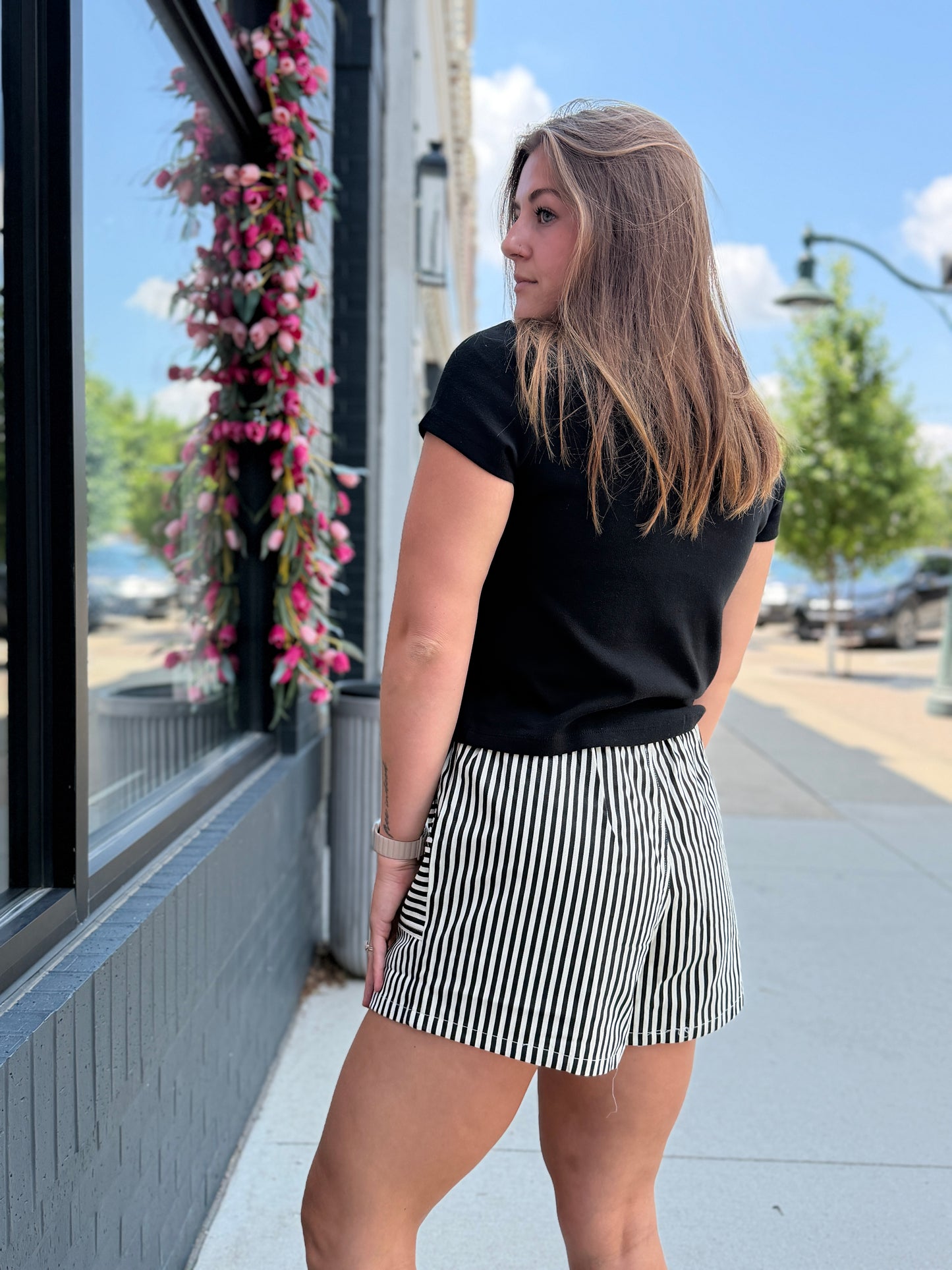 Black + Cream Striped Elastic Shorts
