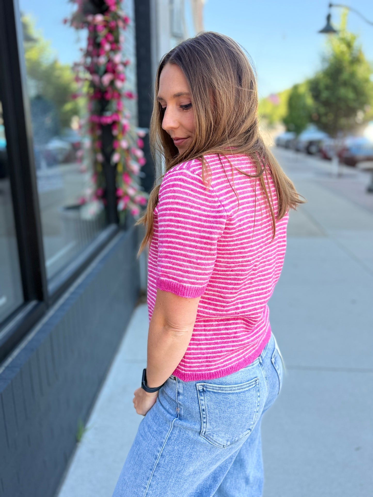Hot Pink Stripe Button SS Sweater Top