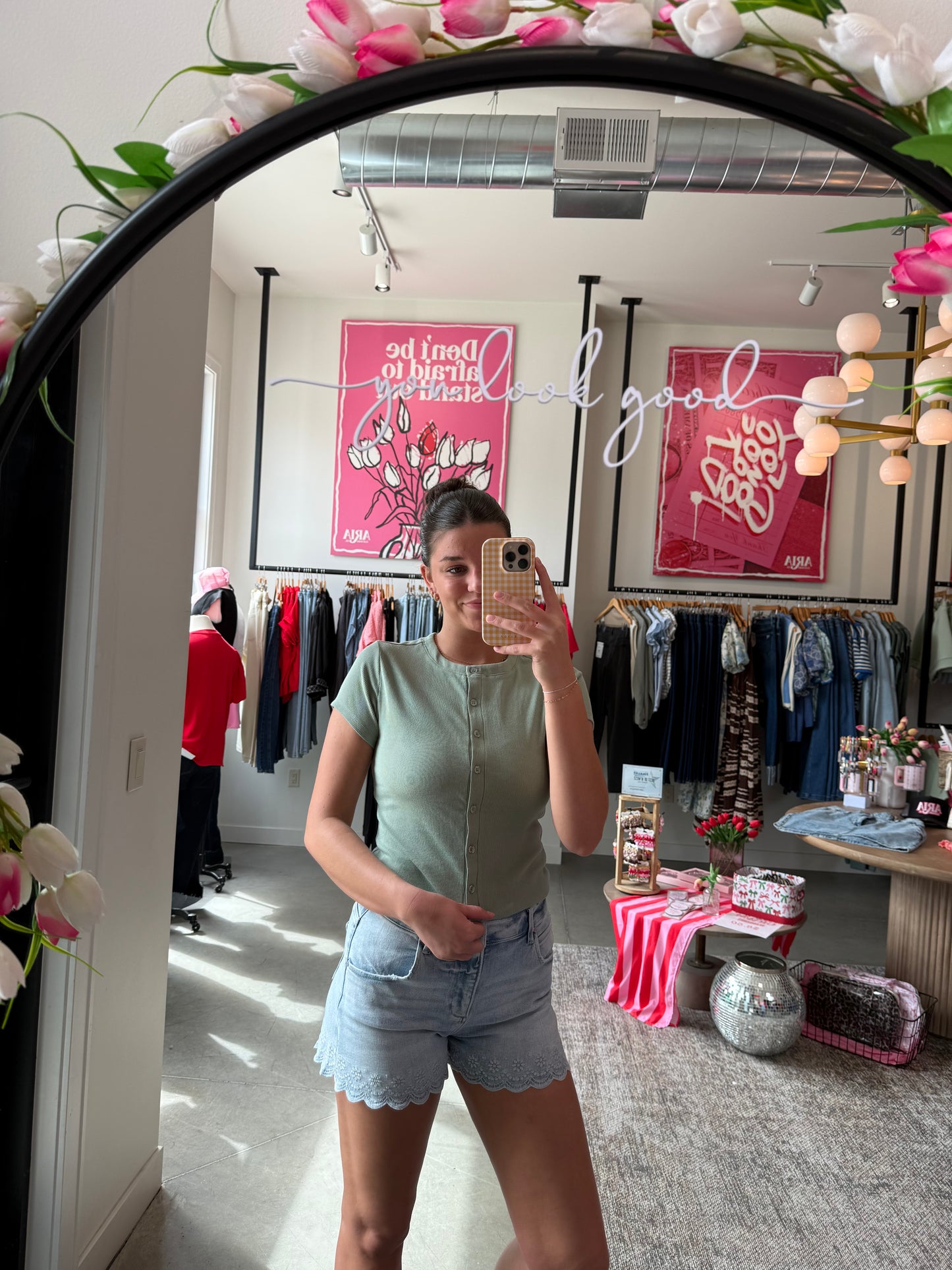 Sage Green Button SS Top
