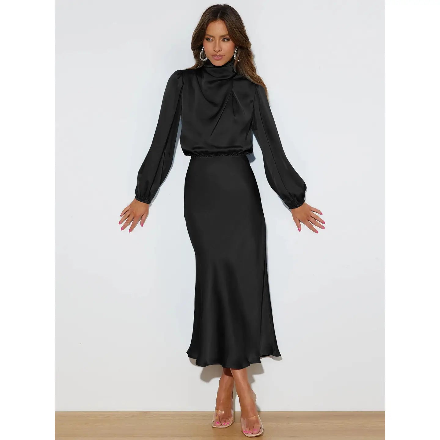 Black Long Sleeve Satin Midi Dress
