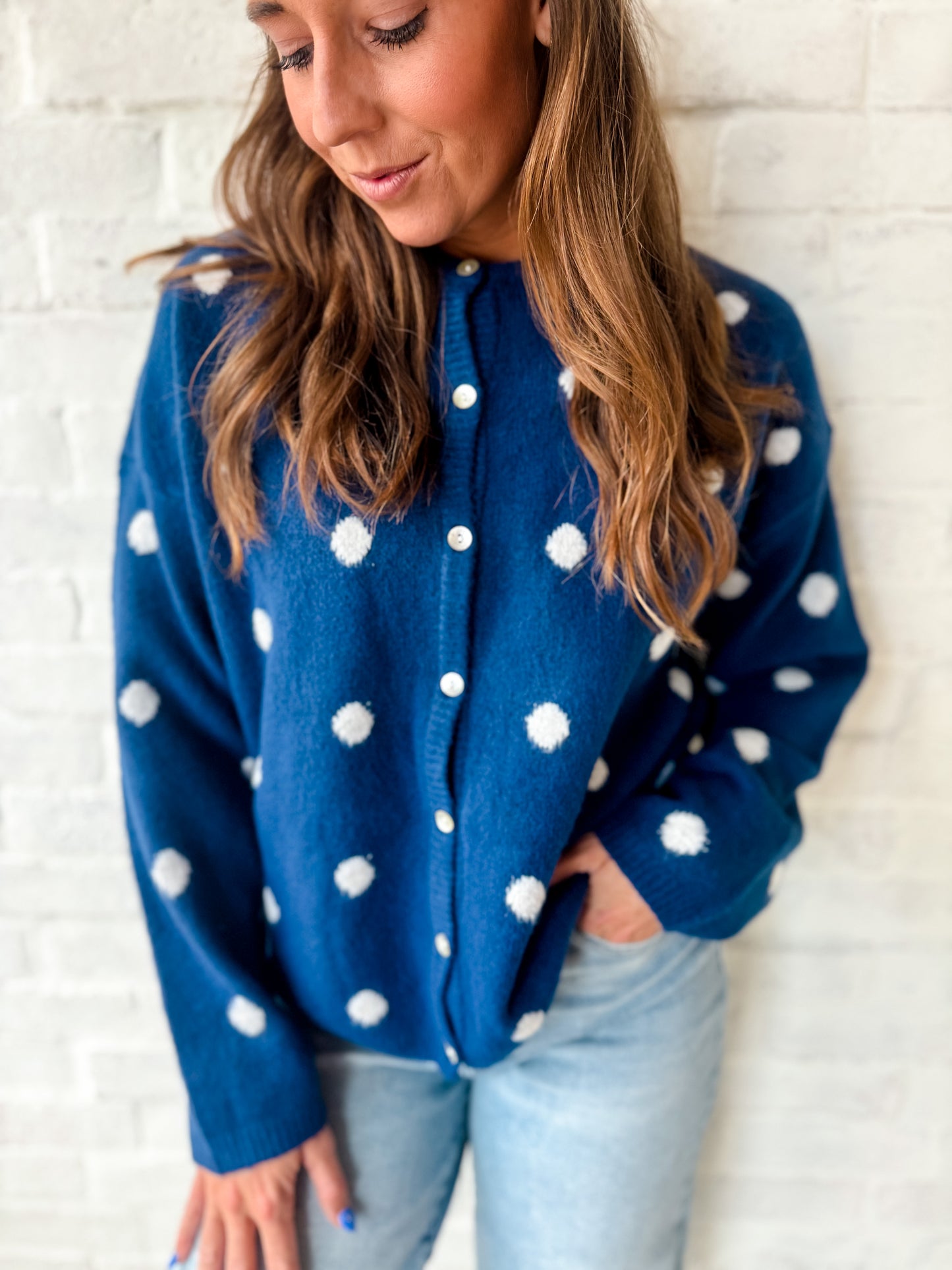 Navy Polka Dot Cardigan Sweater