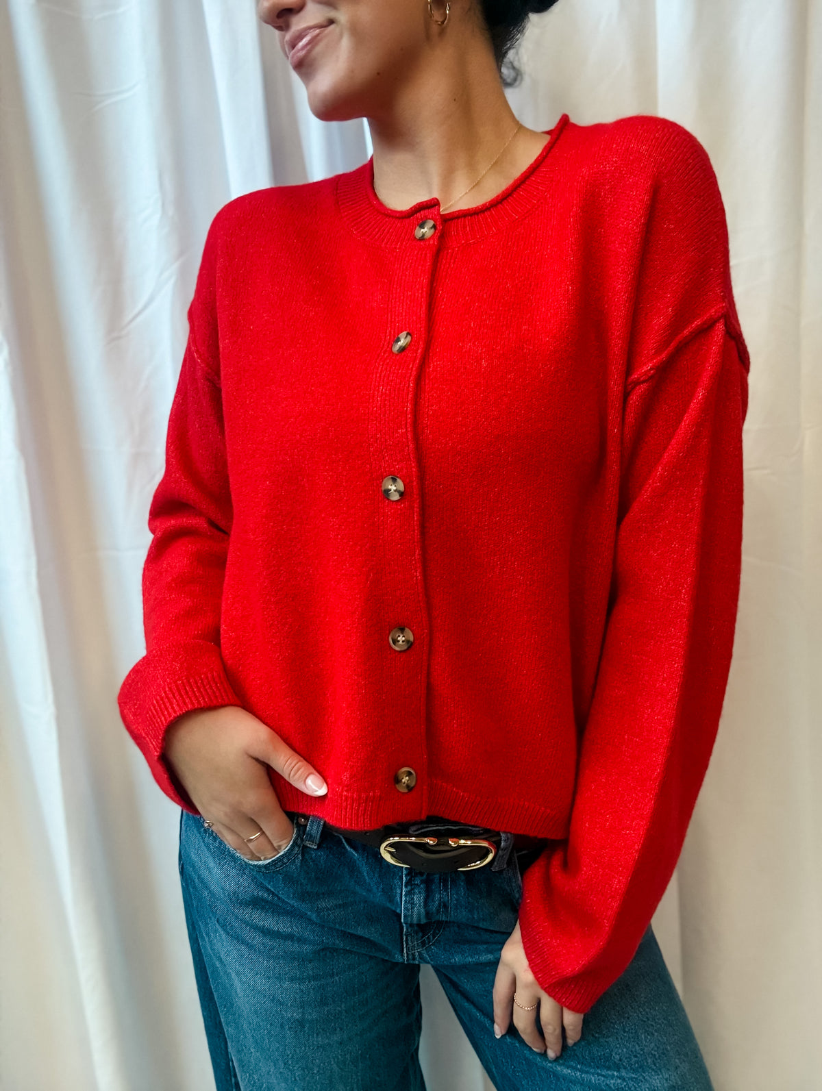 Red Button Cardigan Sweater