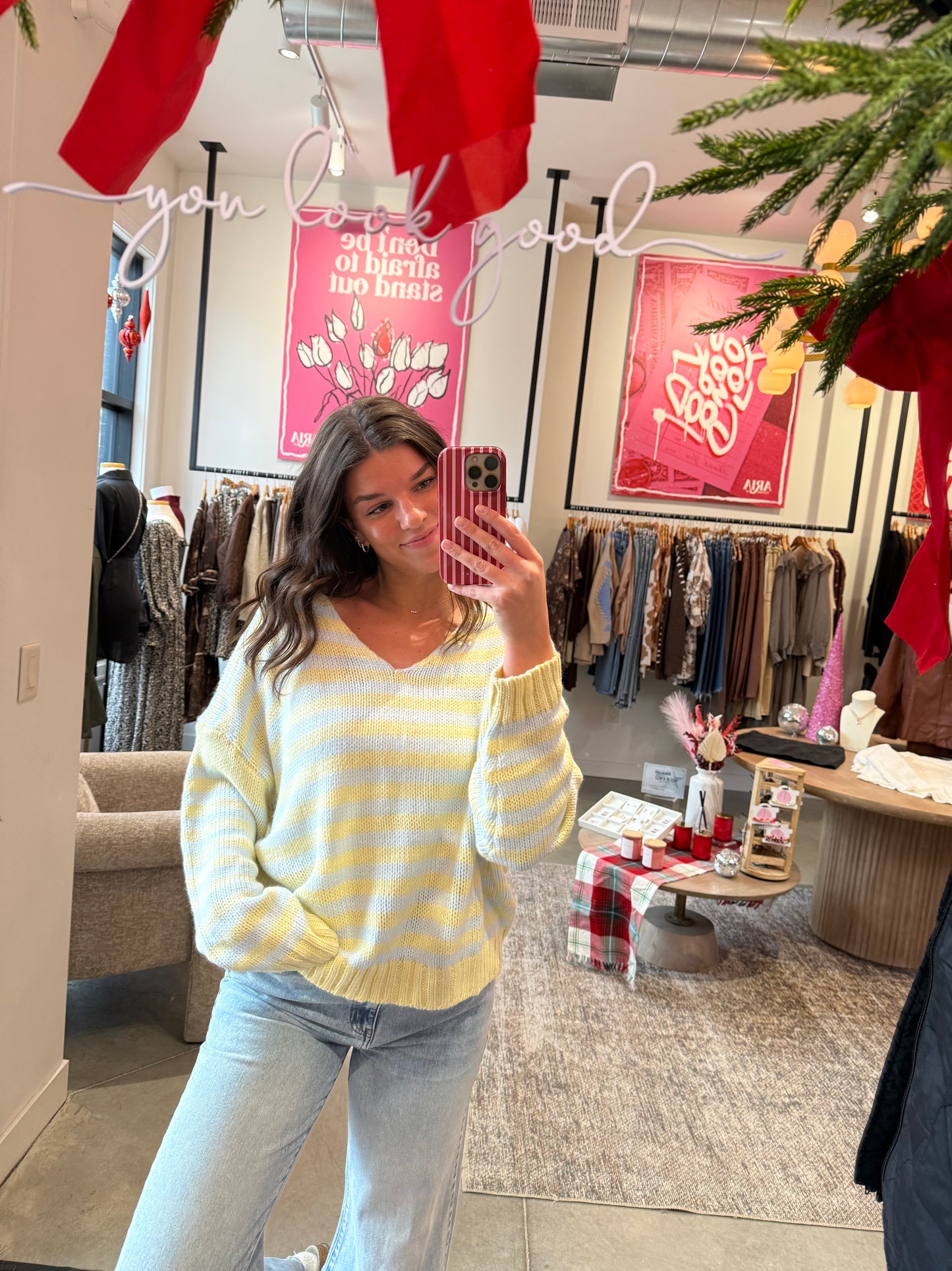 Yellow + Blue Stripe V Neck Sweater