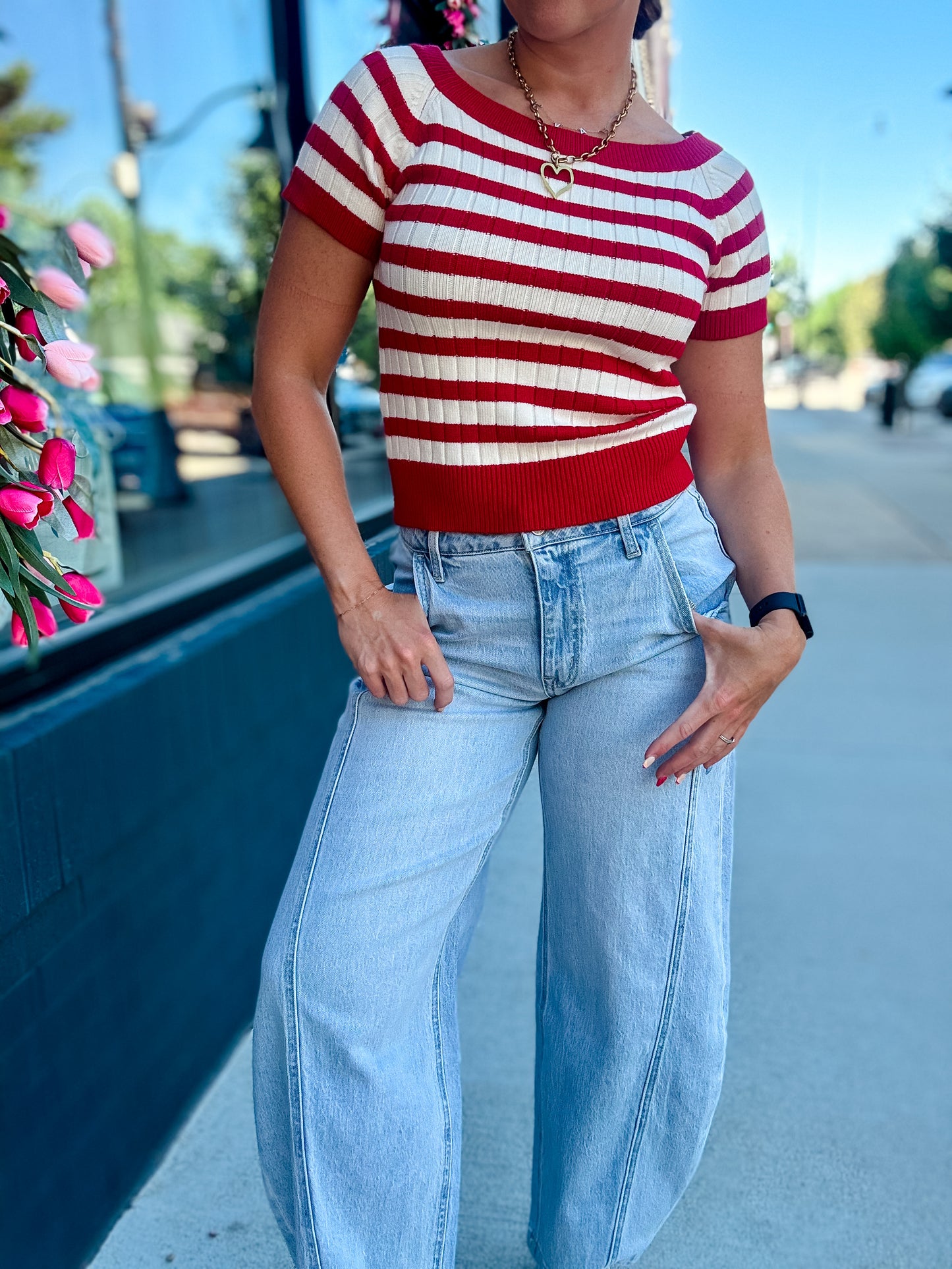 Red + White Stripe SS Sweater Top