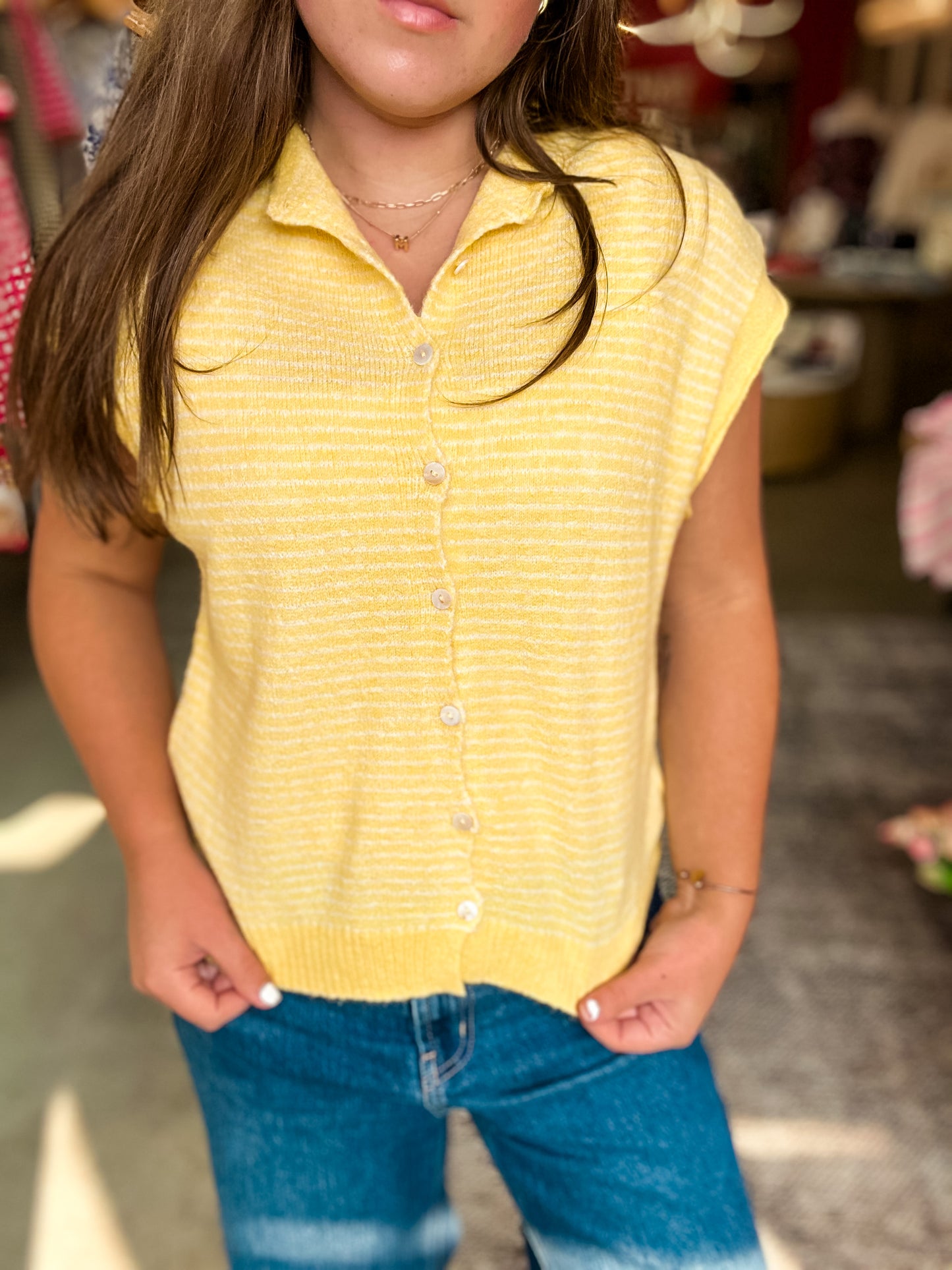 Butter Yellow Stripe Cap Sleeve Top