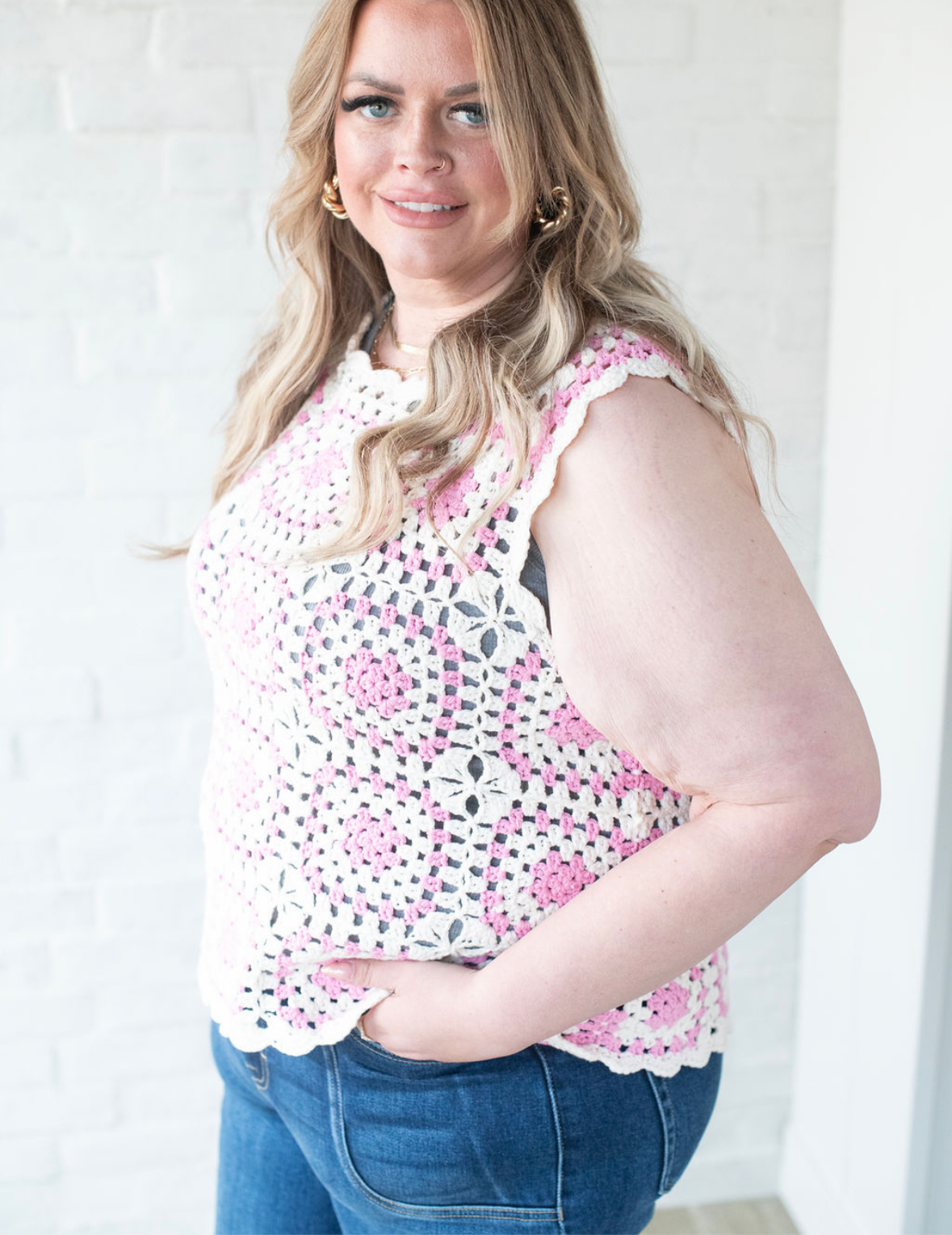 White + Pink Crochet Tank