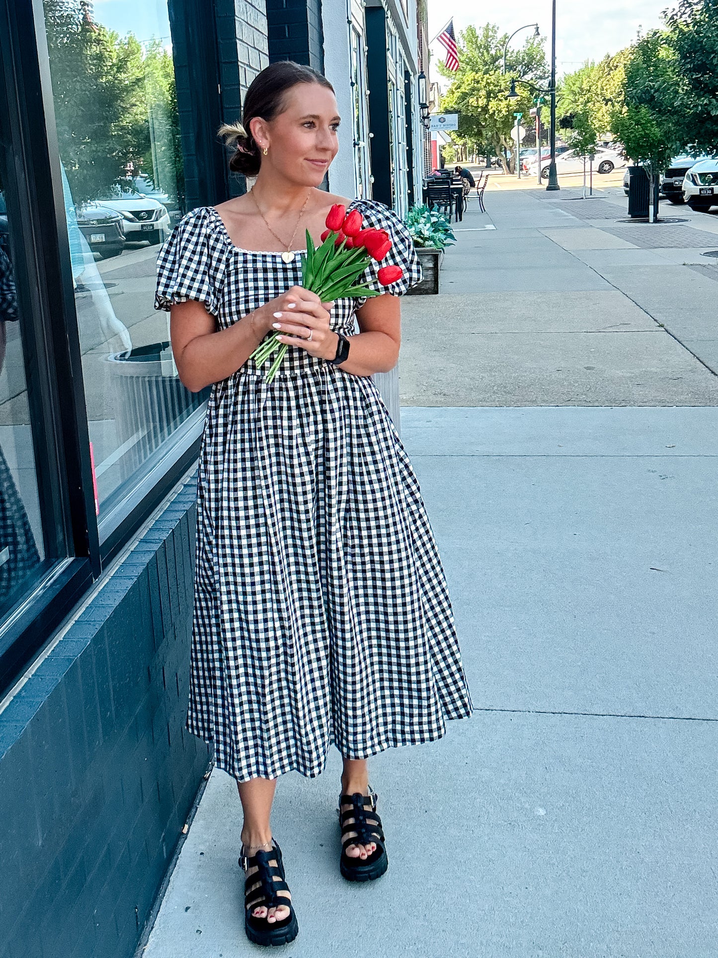 Black Gingham Midi Dress