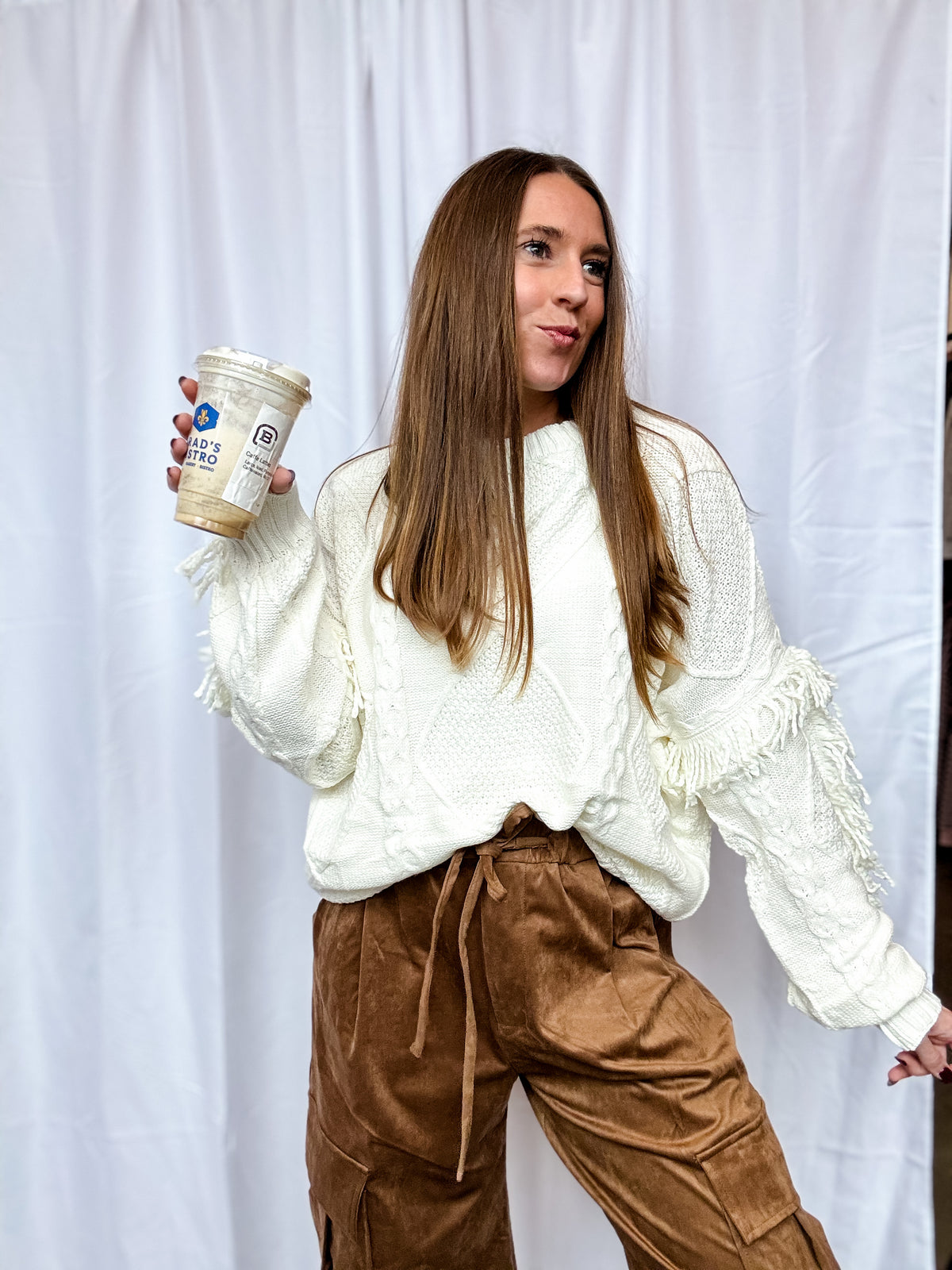 Cream Fringe Cable knit Slouchy Sweater