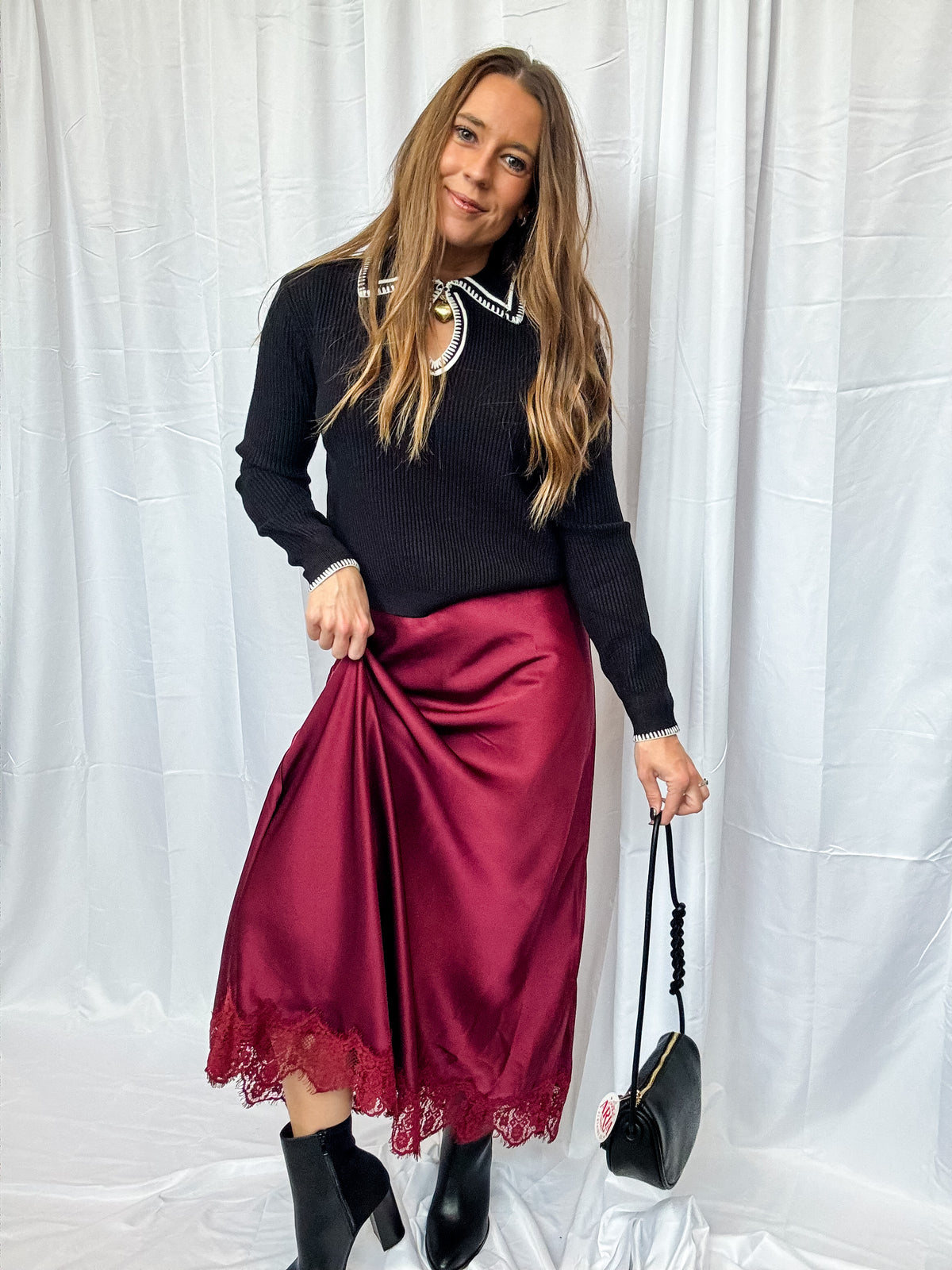 Wine Satin Lace Maxi Skirt