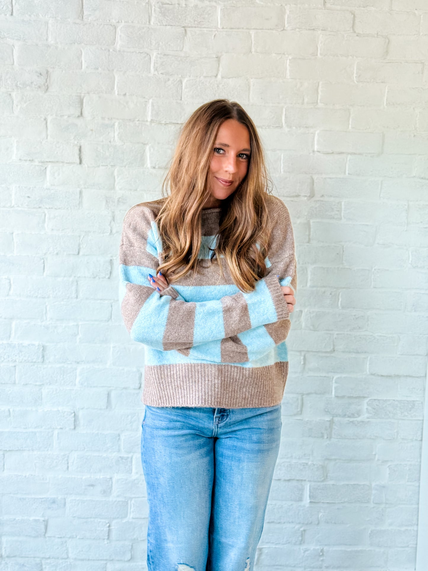 Brown + Blue Rolled Neck Sweater