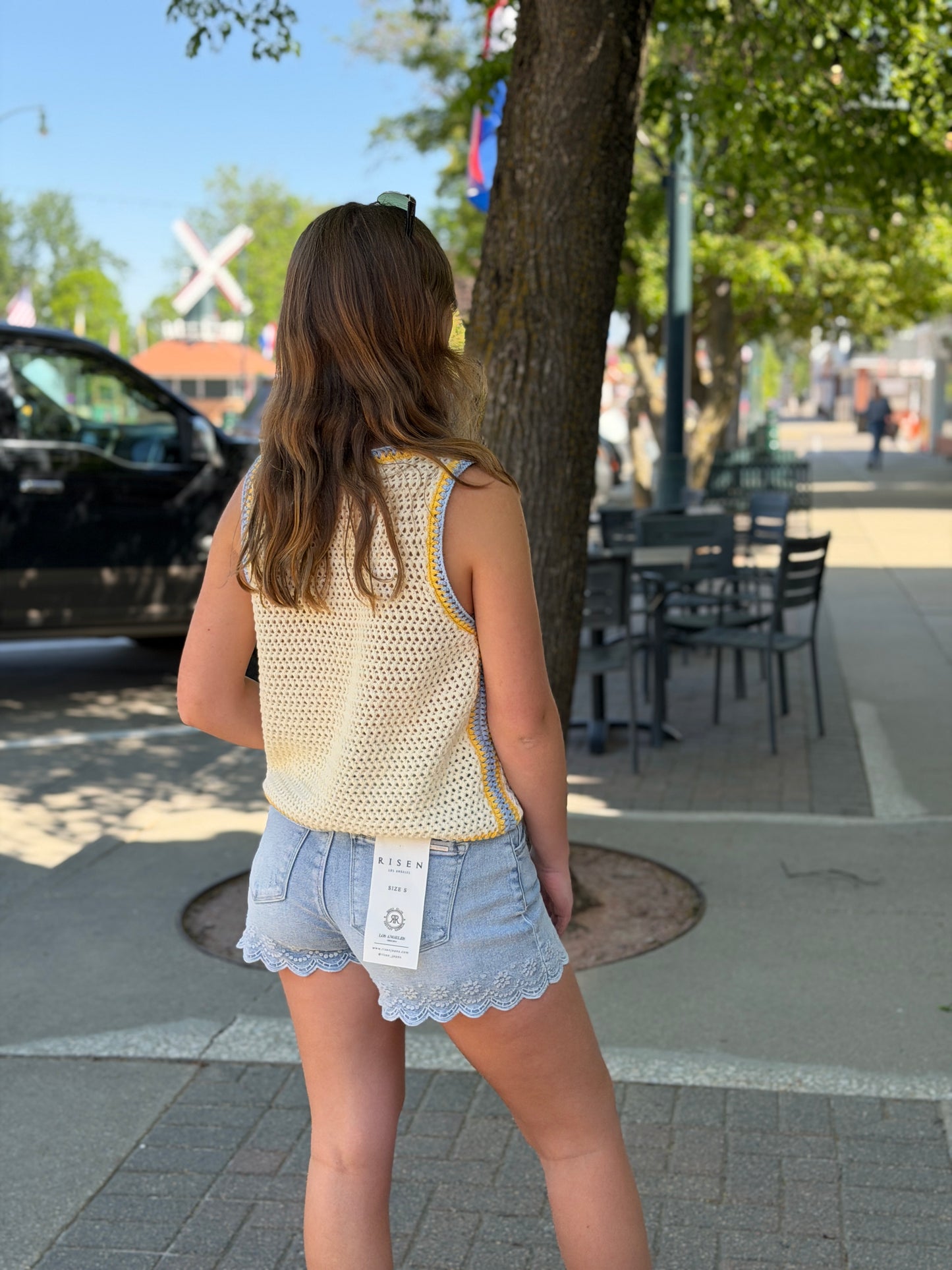 Yellow + Blue Trim Crochet Tank