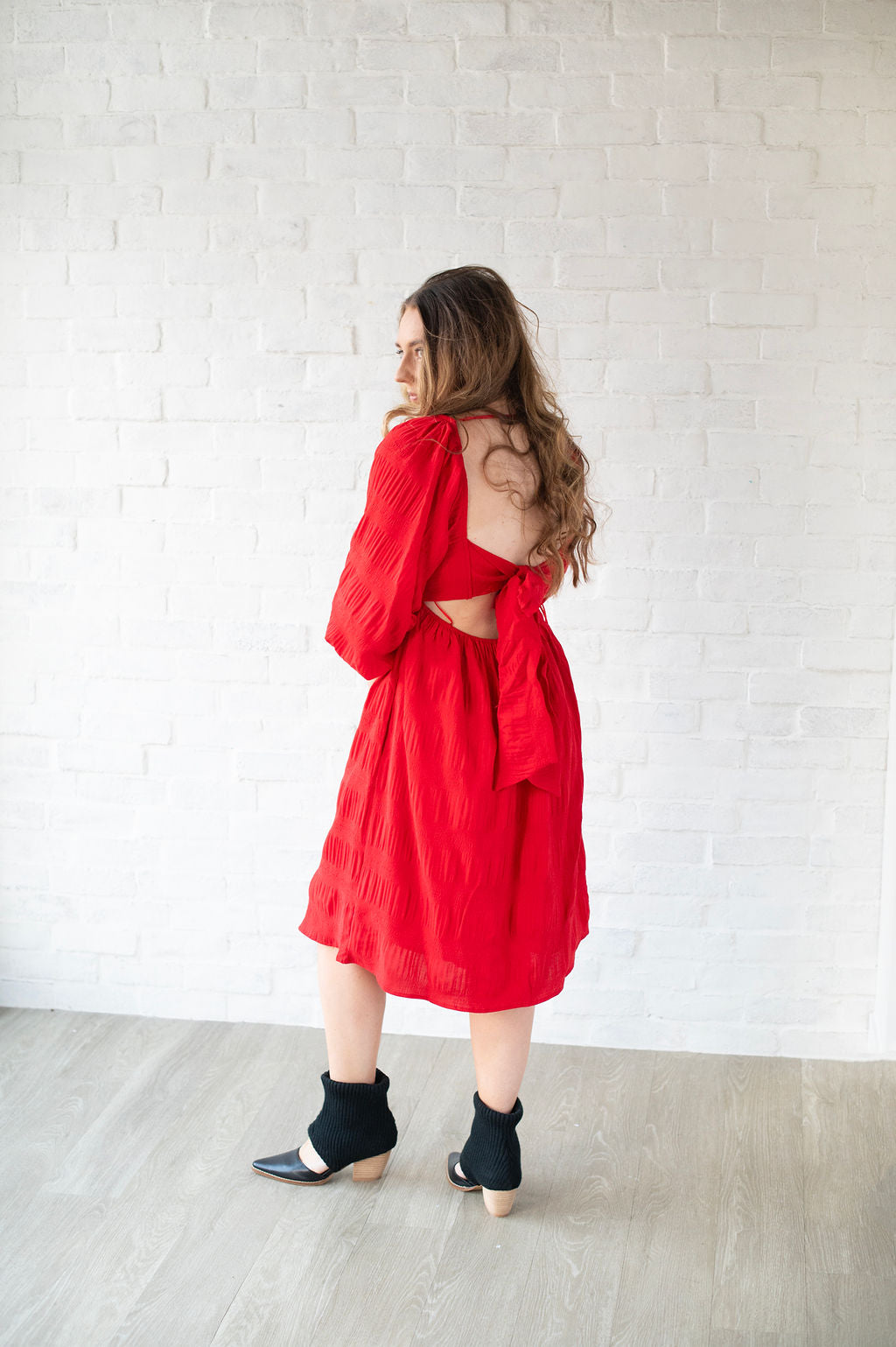 Red Flowy Bow Midi Dress