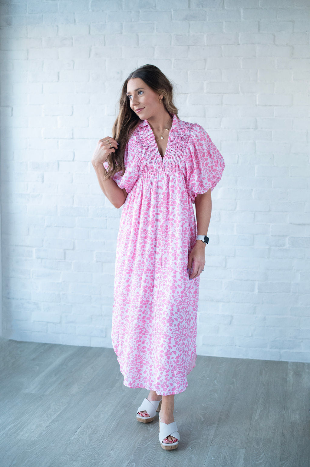 Pink SS Floral Midi Dress