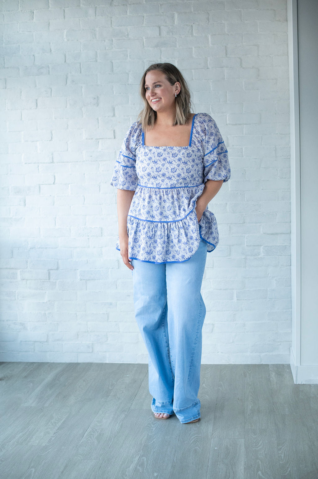 Blue Floral Tiered Blouse