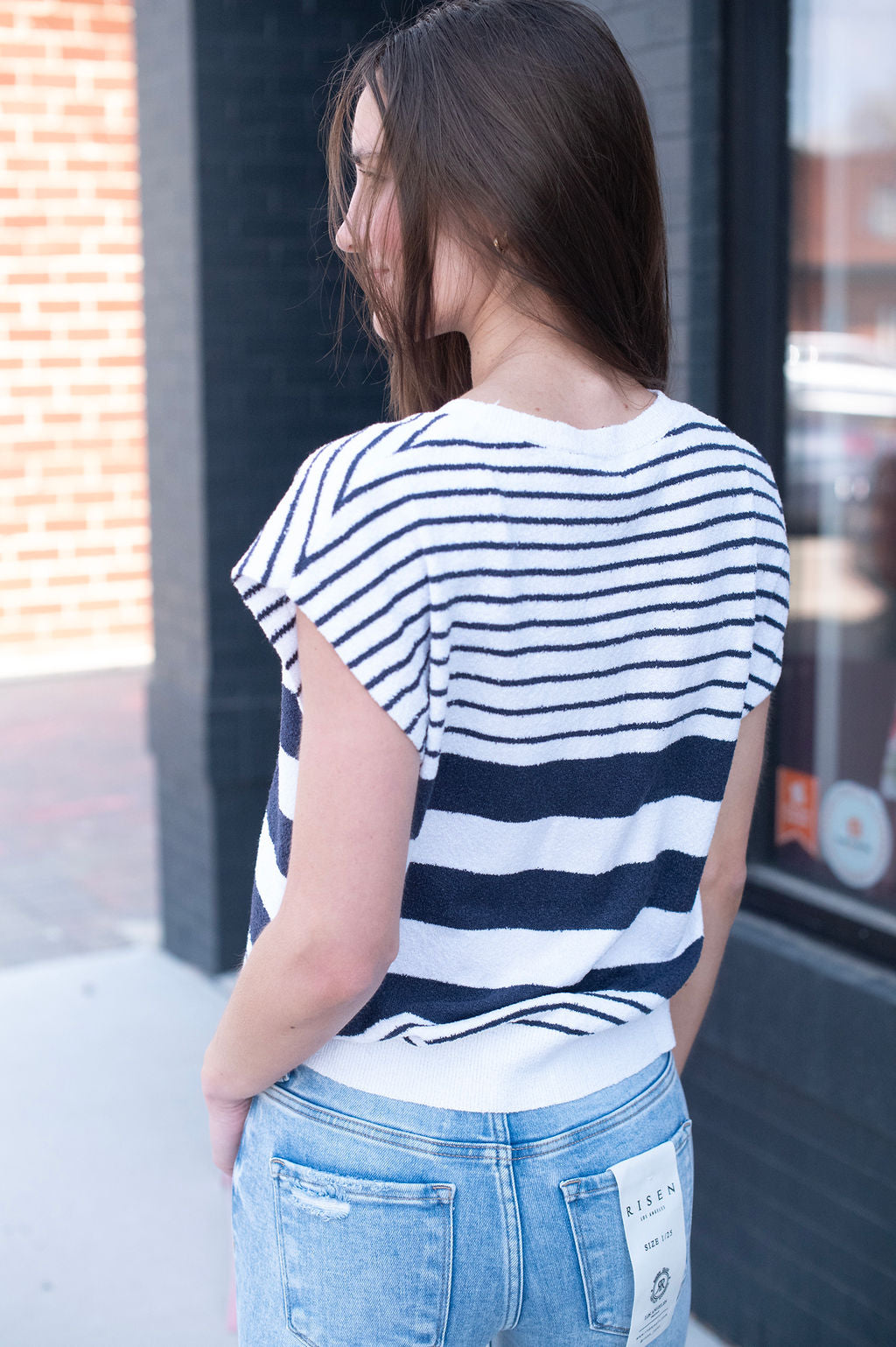 White + Navy Stripe Knit Top