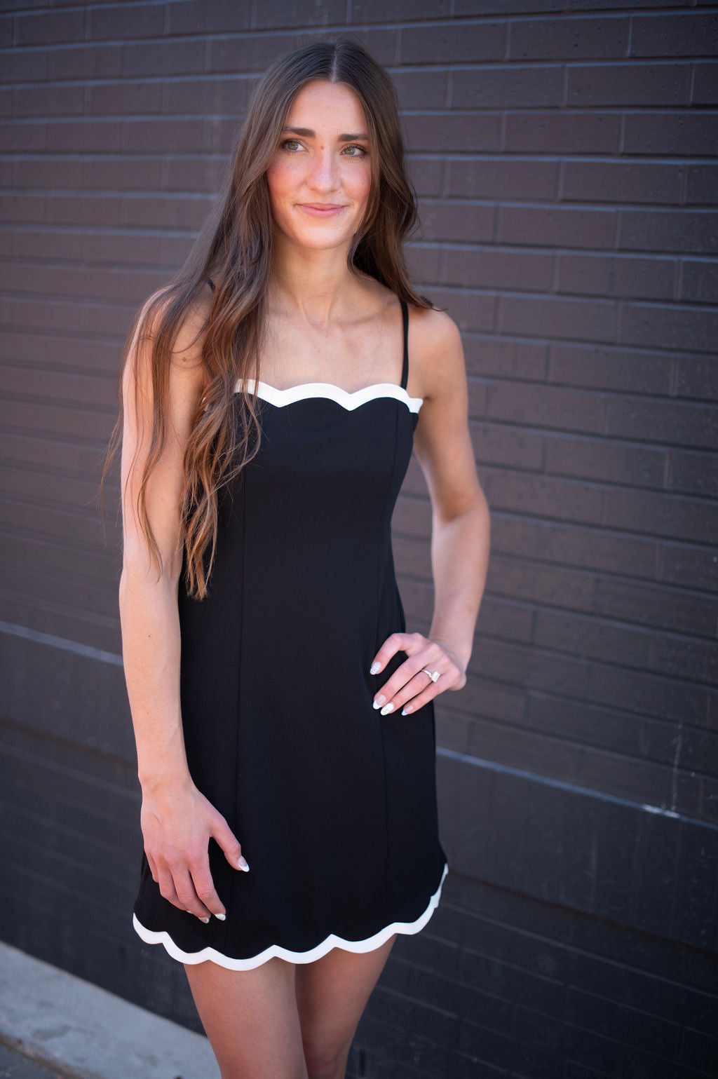 knee length dresses for ladies Black + White Scallop Cami Mini Dress – ARIA Clothing Co