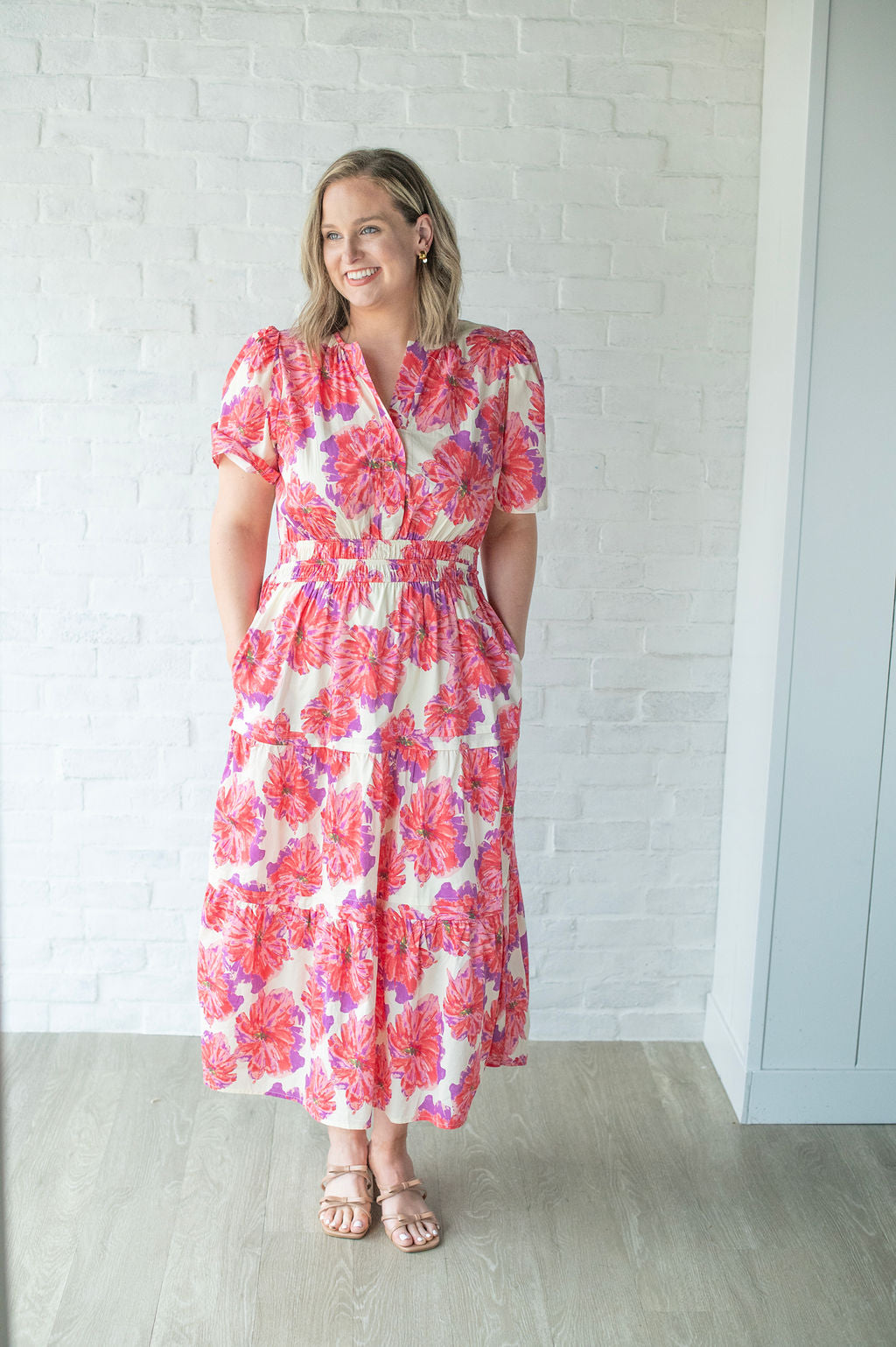 Coral Floral Elbow Sleeve Midi Dress