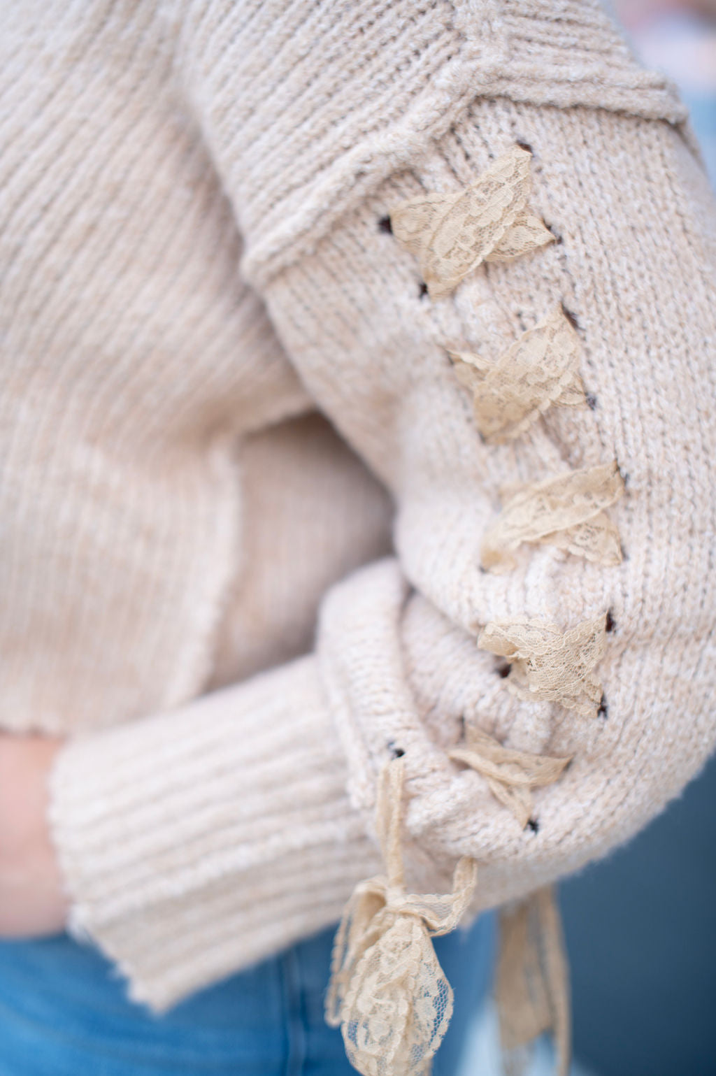 Taupe Lace Knit Tie Crop Sweater