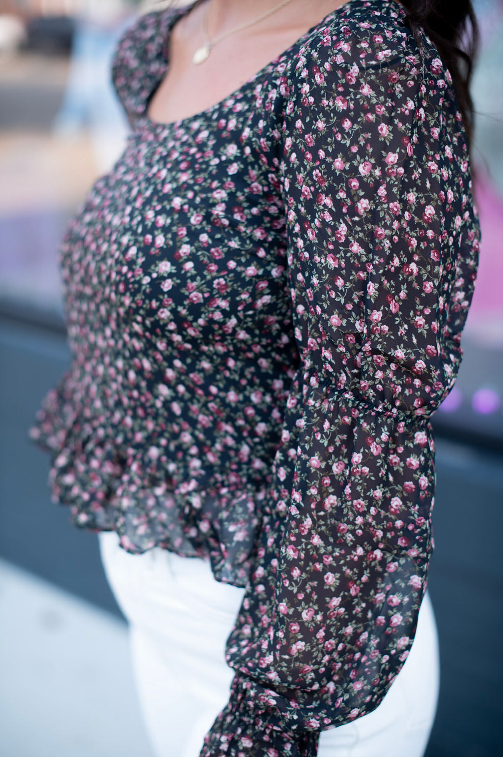 Black Floral Peplum Sheer Blouse