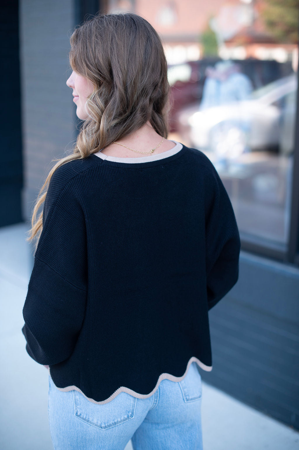 Black + Mocha Scalloped Hem Sweater