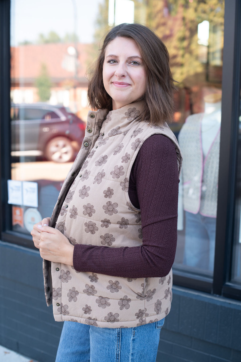 Maroon Floral Zip Vest
