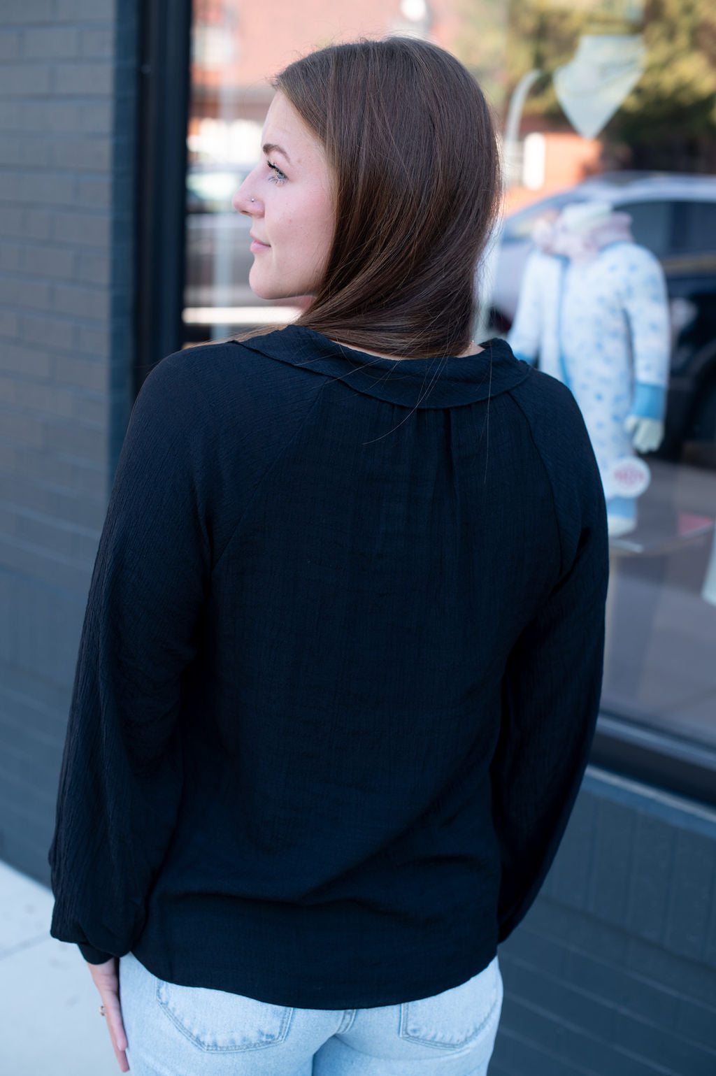 Black Ruffle LS Blouse