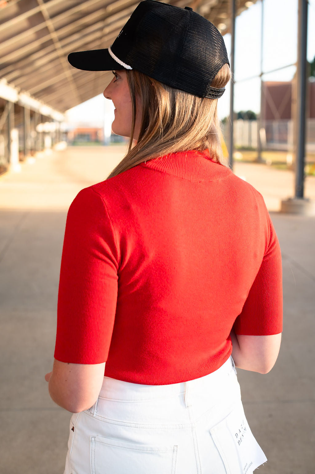 Red Basic Elbow Sleeve Top