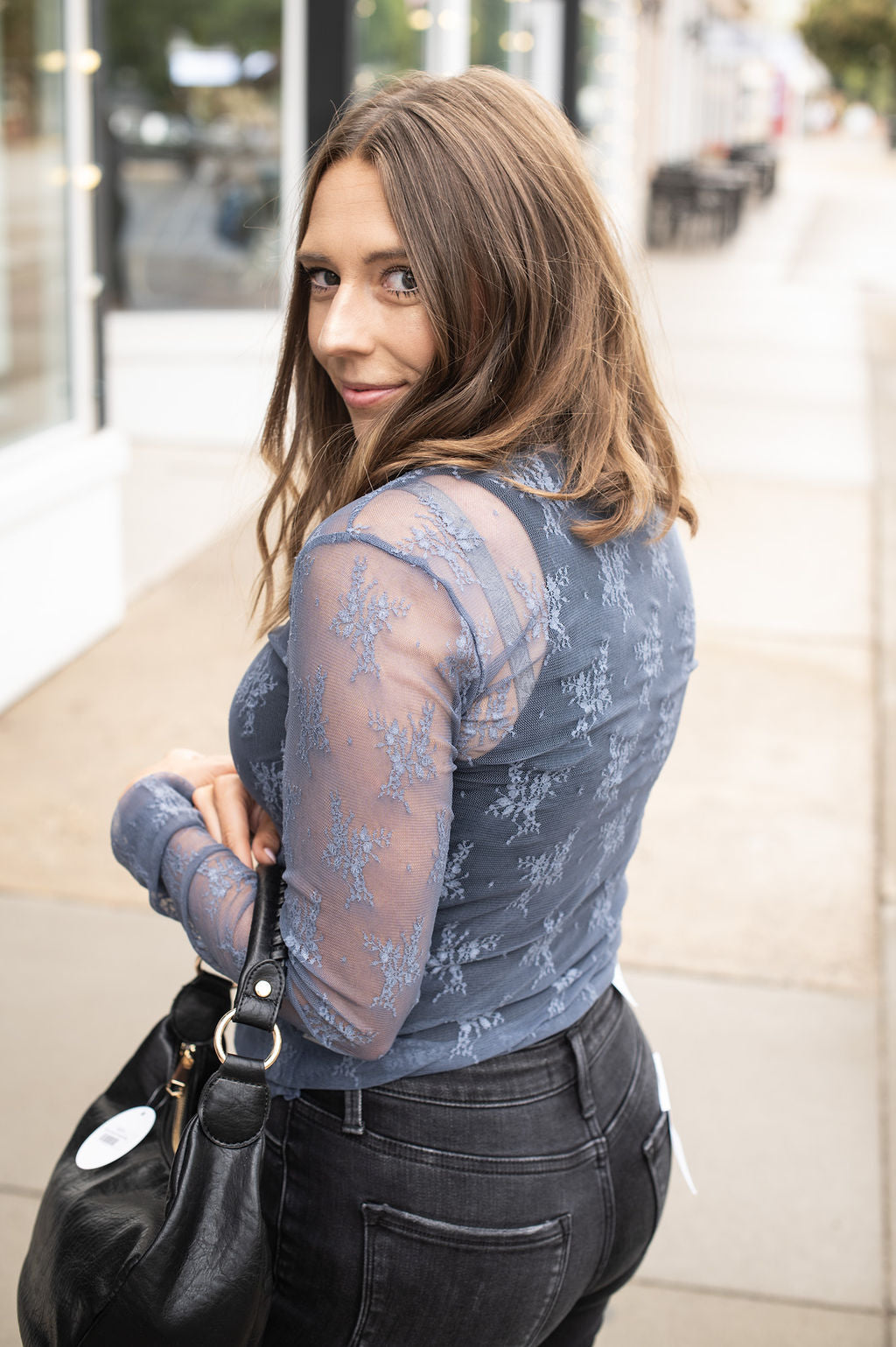 Blue Lace Mock Neck Top