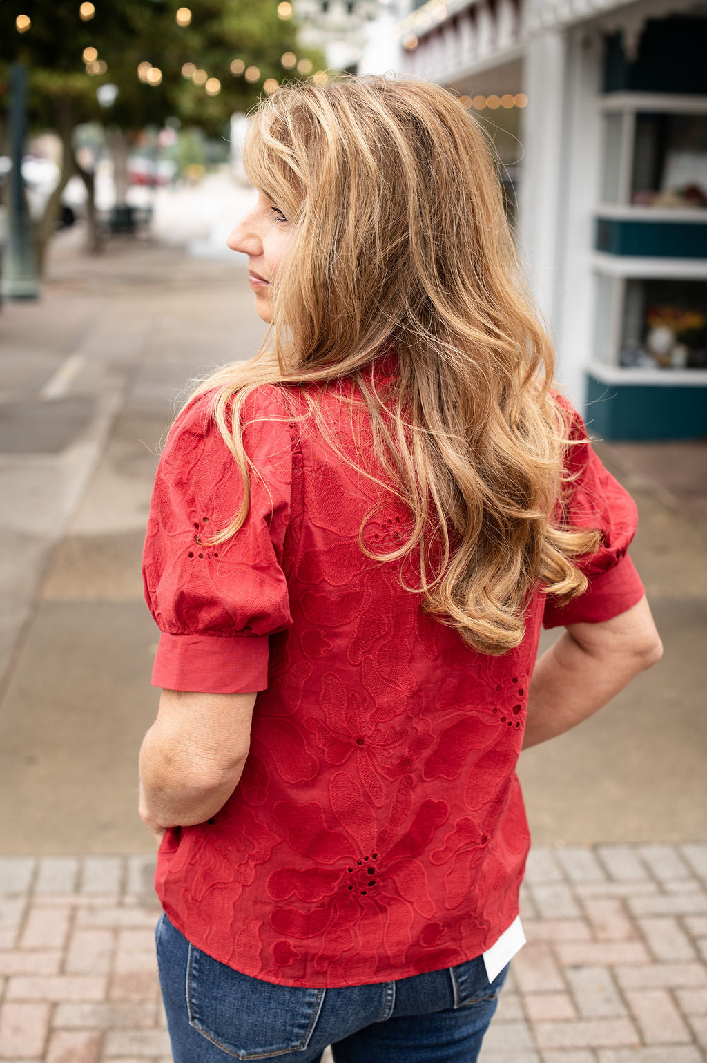 Red Eyelet SS Blouse
