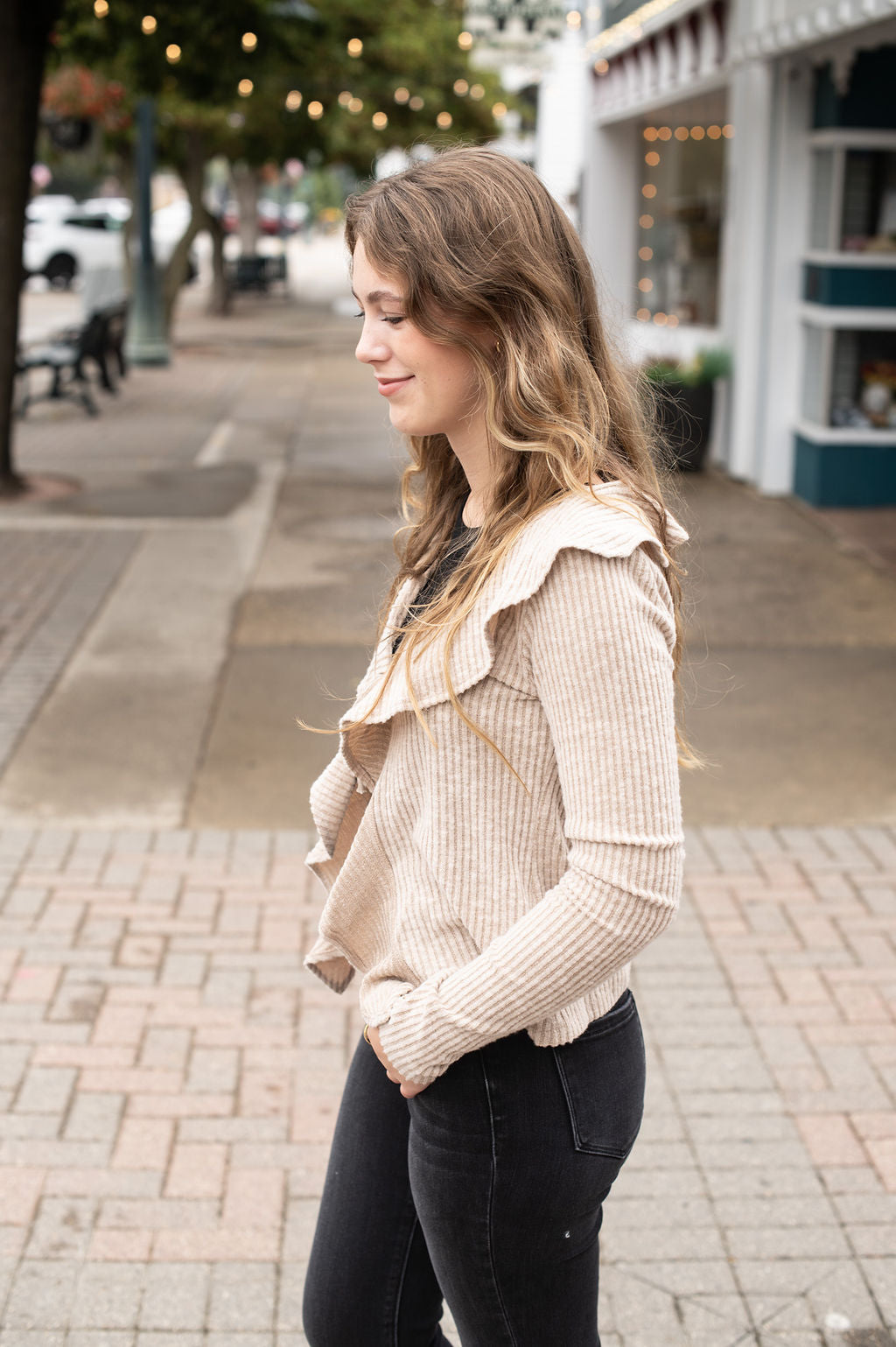 Taupe LS Ruffle Blouse