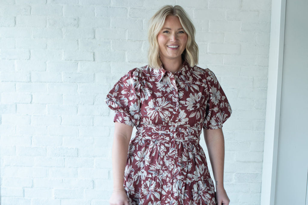 Floral Wine Zip SS Midi Dress