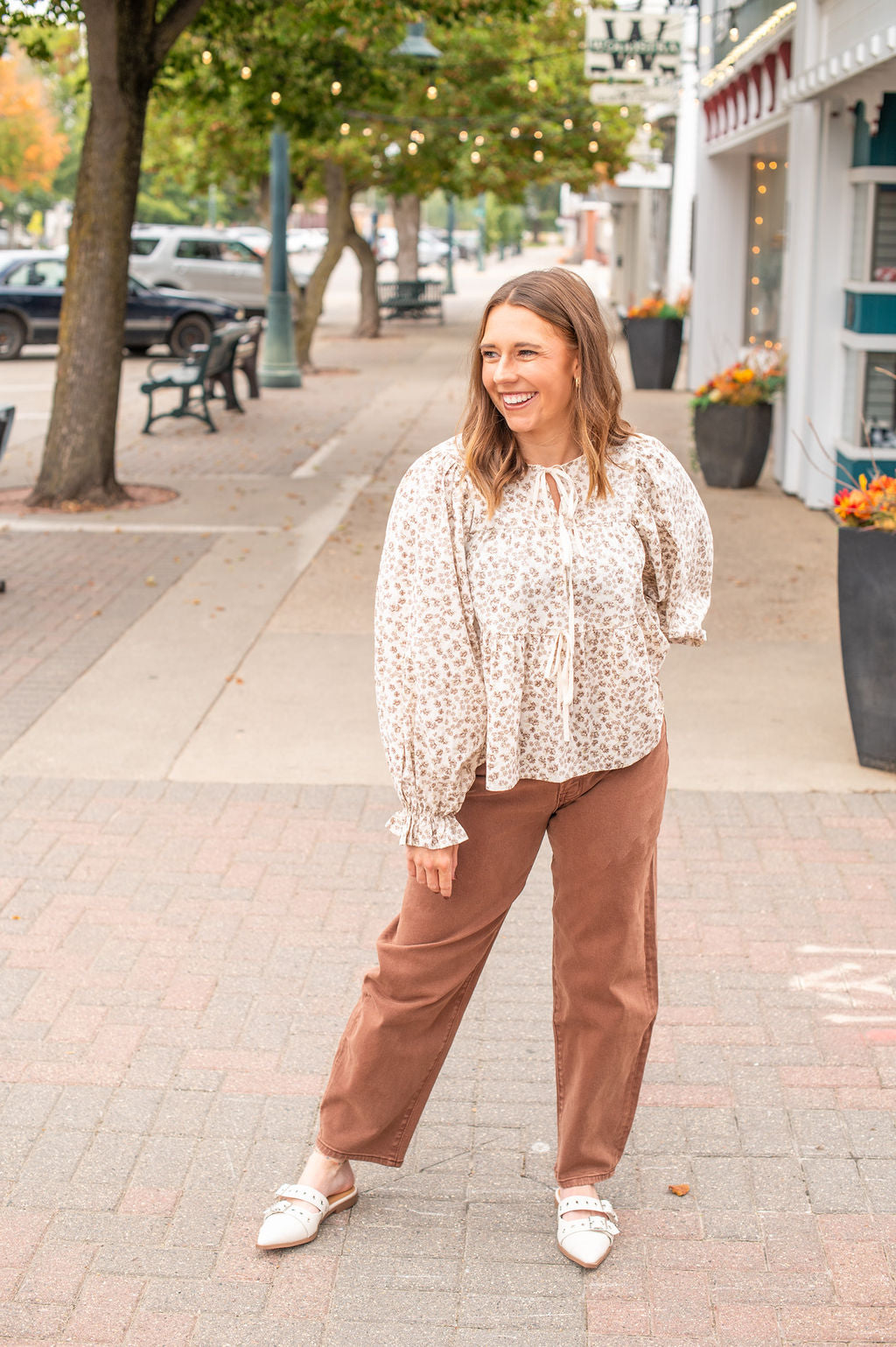 Cream + Brown Floral Peplum Tie Blouse
