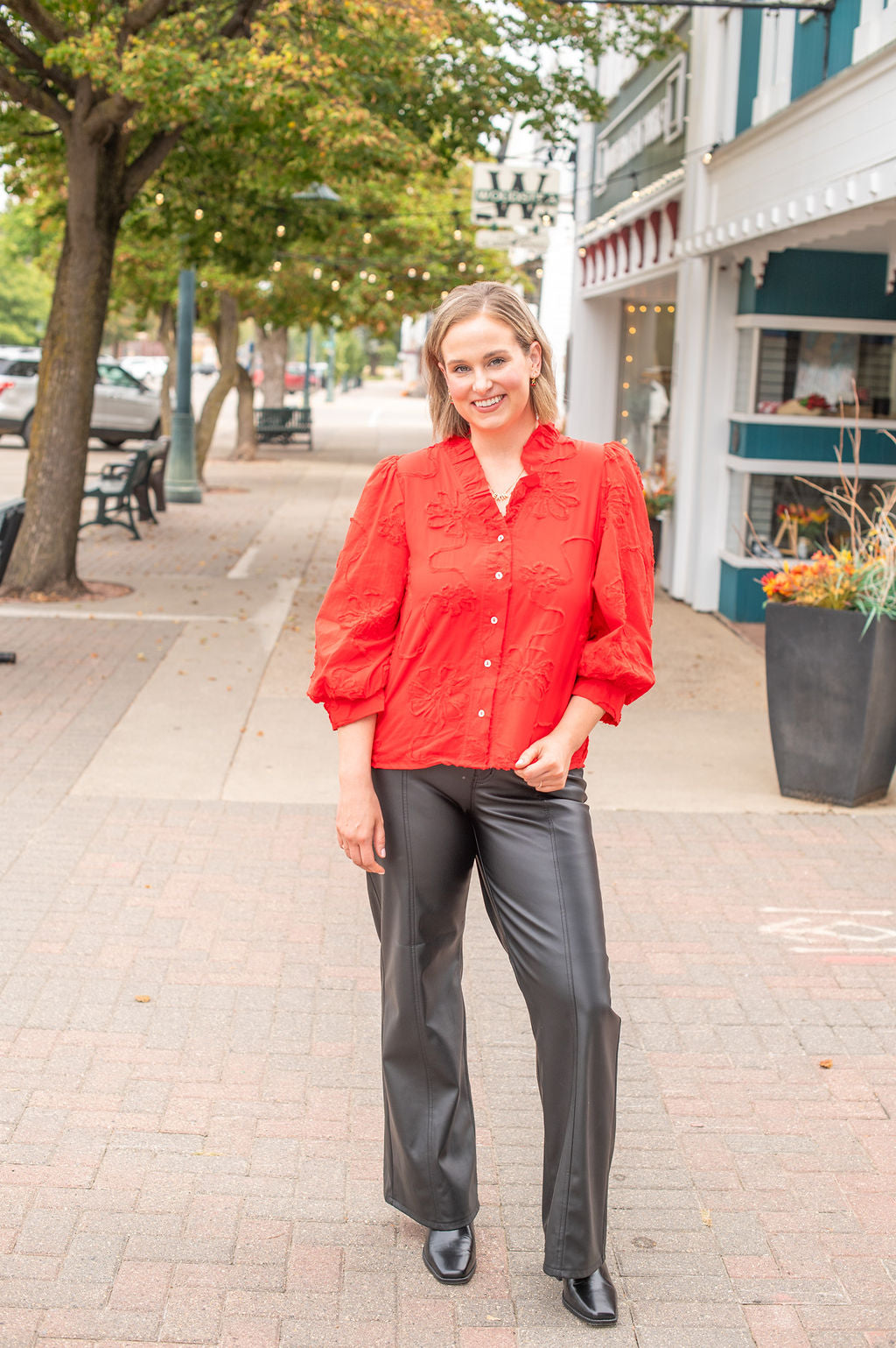 Red Button Down Floral Blouse