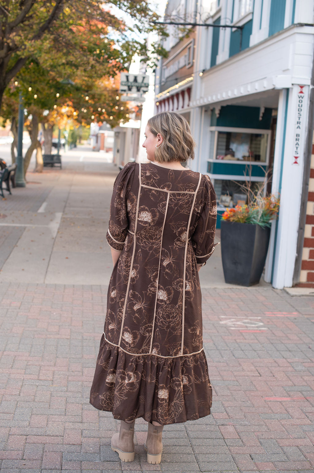 Chocolate Floral Elbow Sleeve Midi Dress