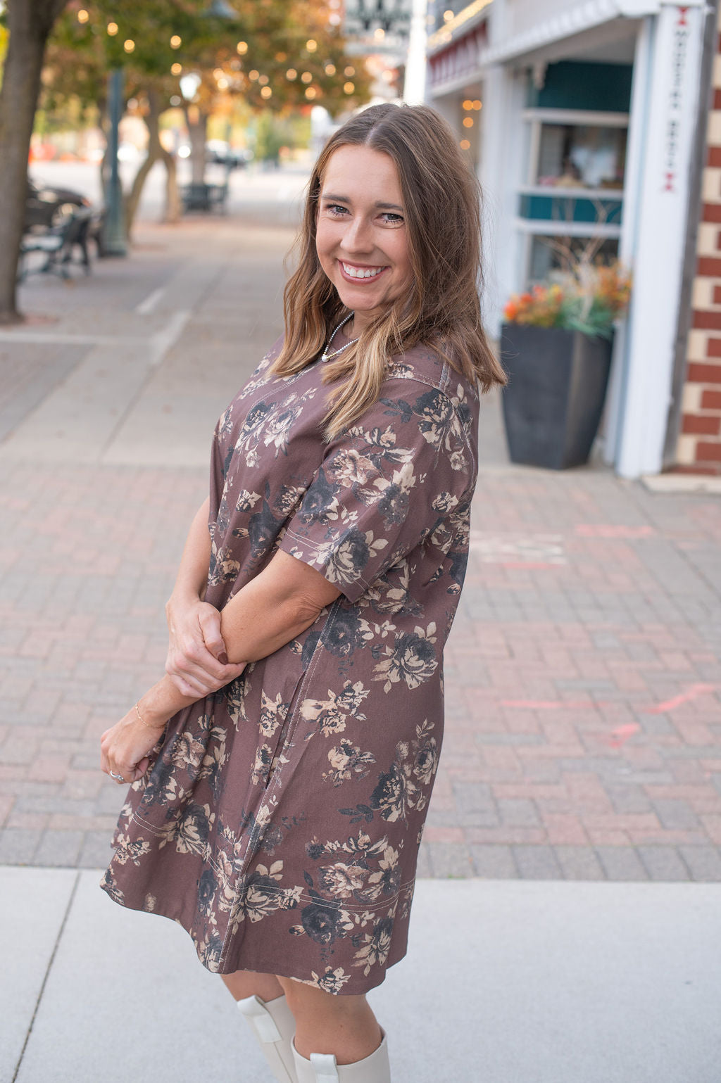 Brown Floral SS Dress