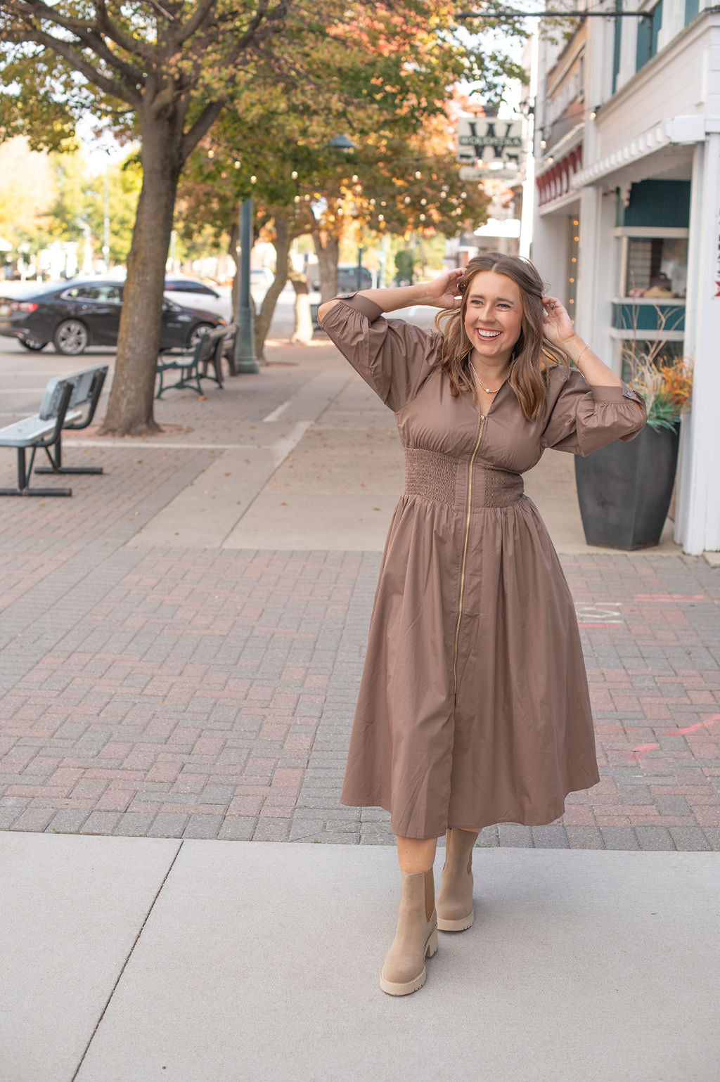 Mocha Elbow Sleeve Zip Dress