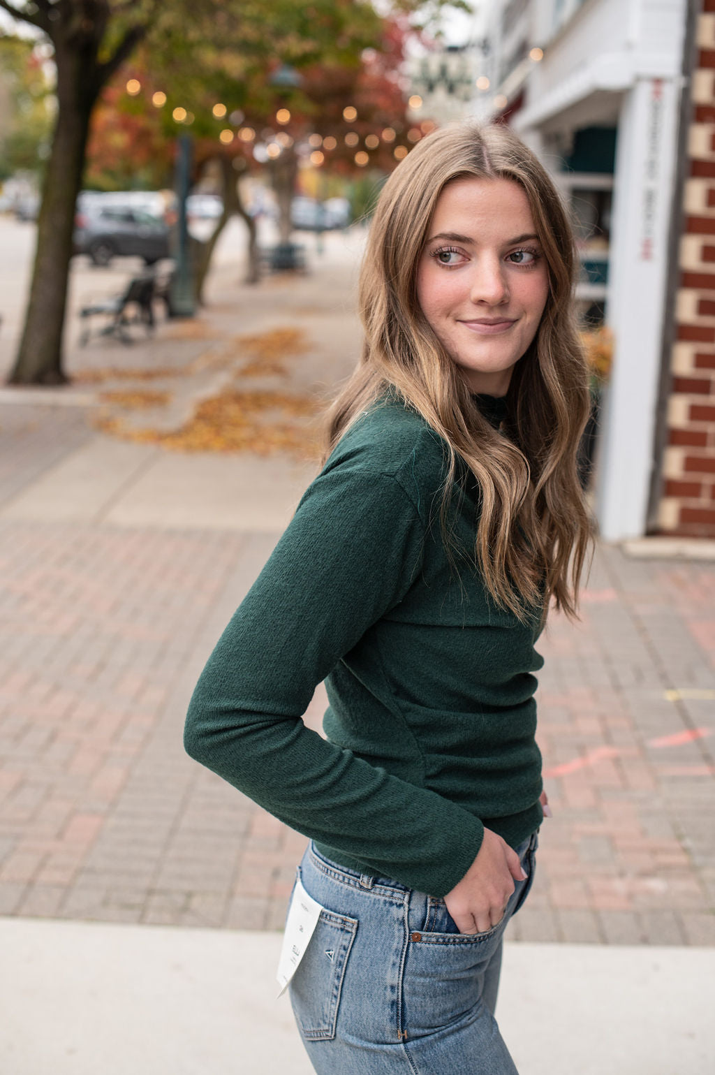 Hunter Green Scalloped Mock Neck Top