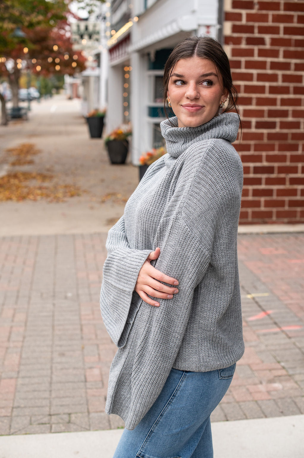 Gray Turtle Neck Bell Sleeve Sweater