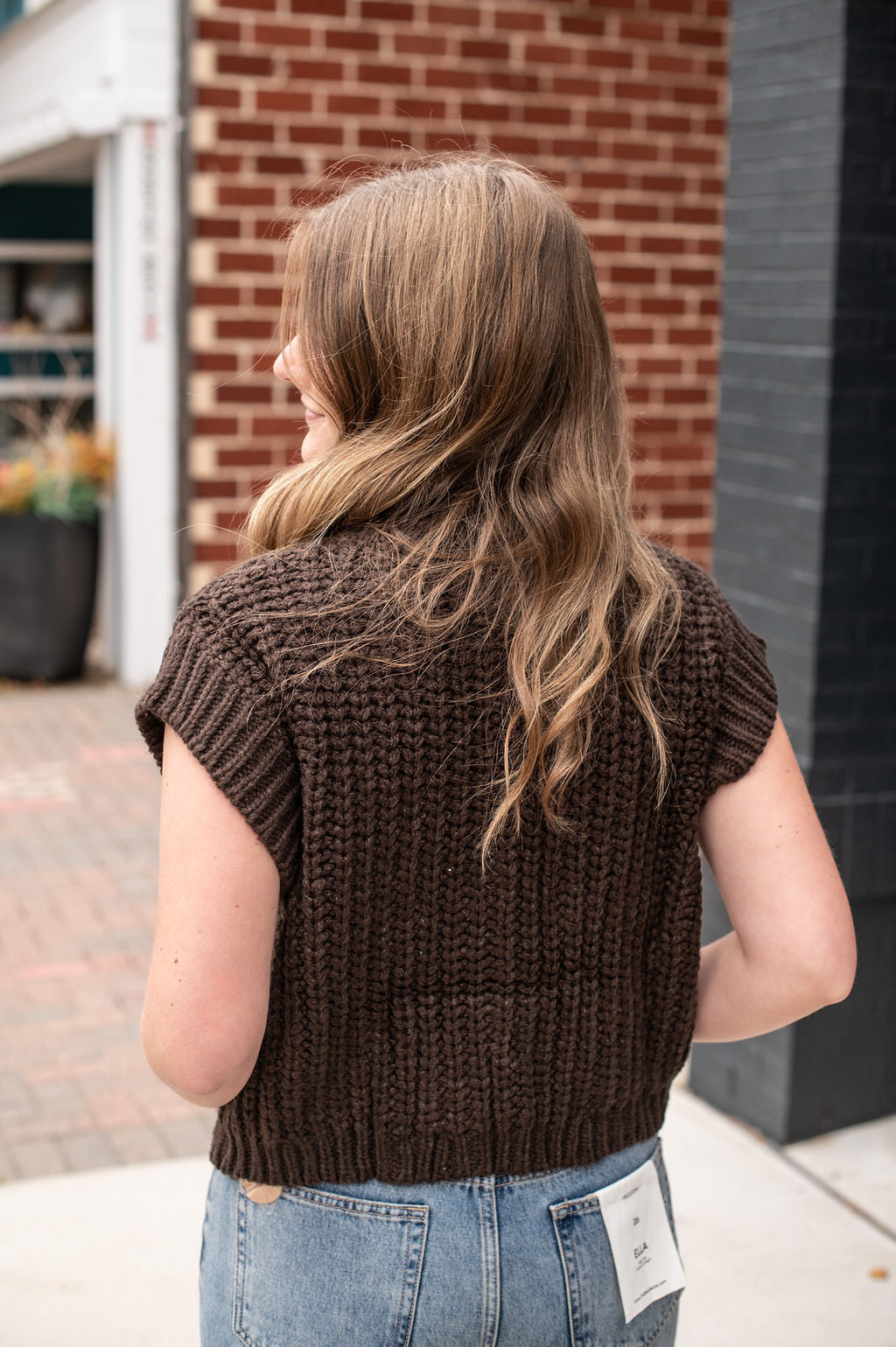 Brown Chunky Knit Gold Button SS Sweater