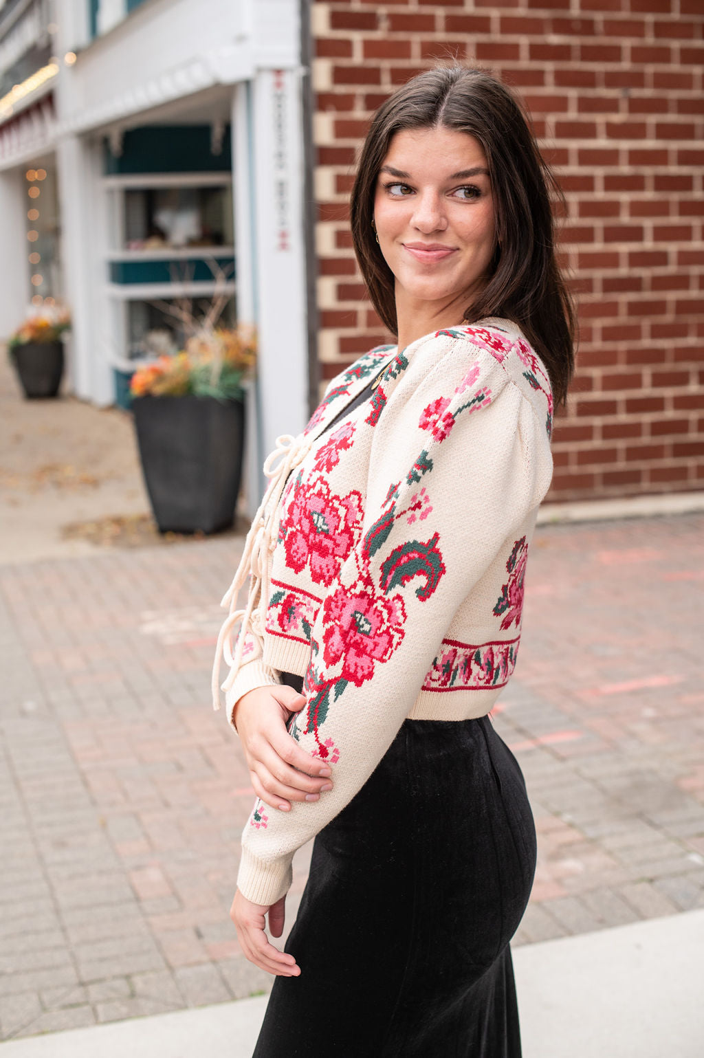 Ivory Red Floral Tie Cardigan Sweater