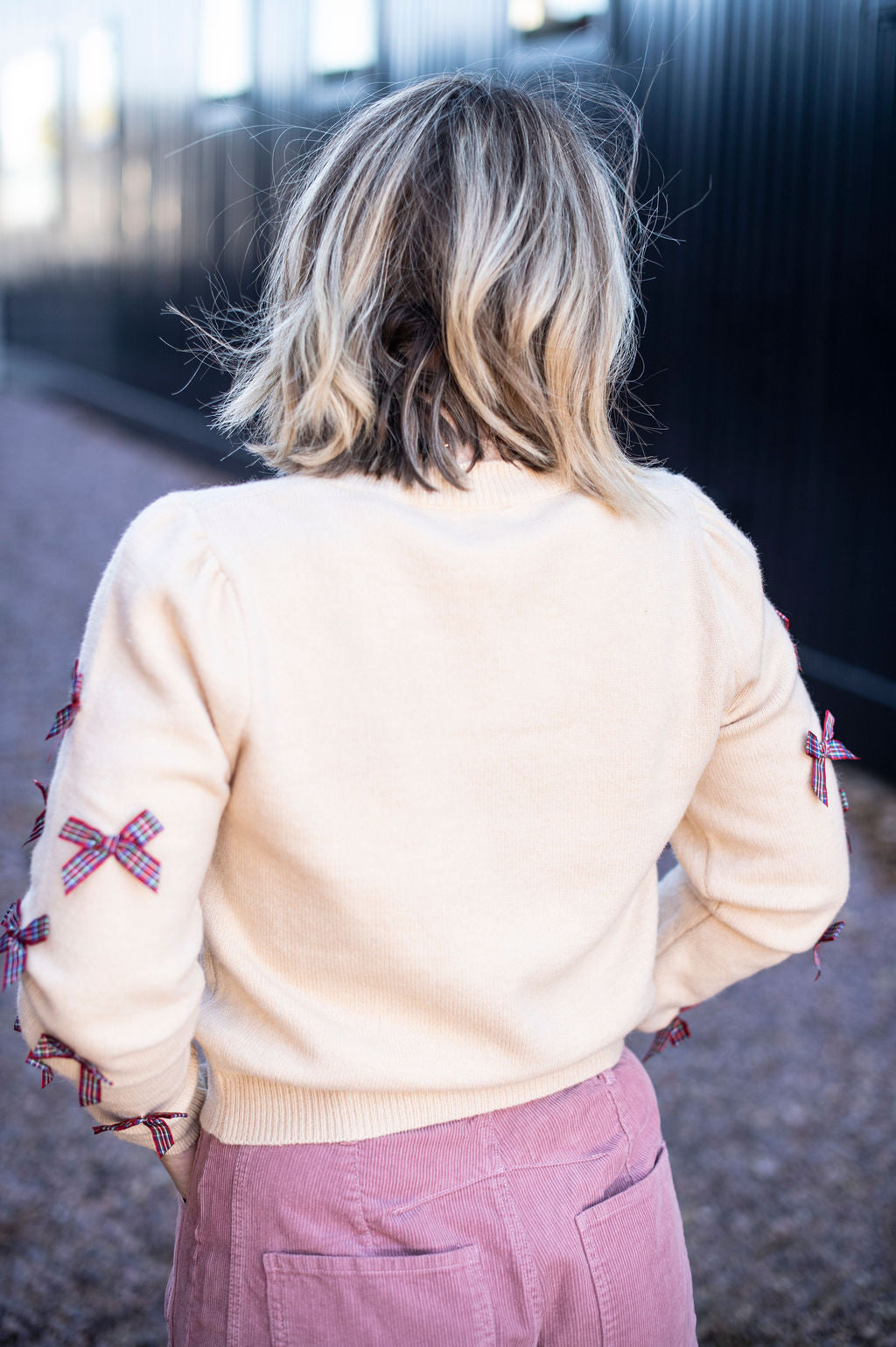 Oatmeal Plaid Bow Sleeve Sweater